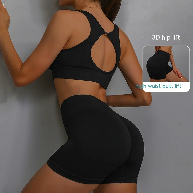 2pcs Sports Fitness Yoga Suit Breathable Hip-lifting Shorts and Hollow Out Back Bra Womens Clothing
