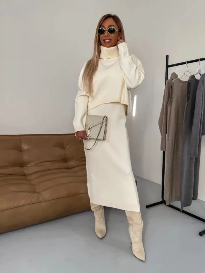 2pcs Sweater Suit Winter Fashion Turtleneck Pullover and Sleeveless Long Dress Womens Clothing