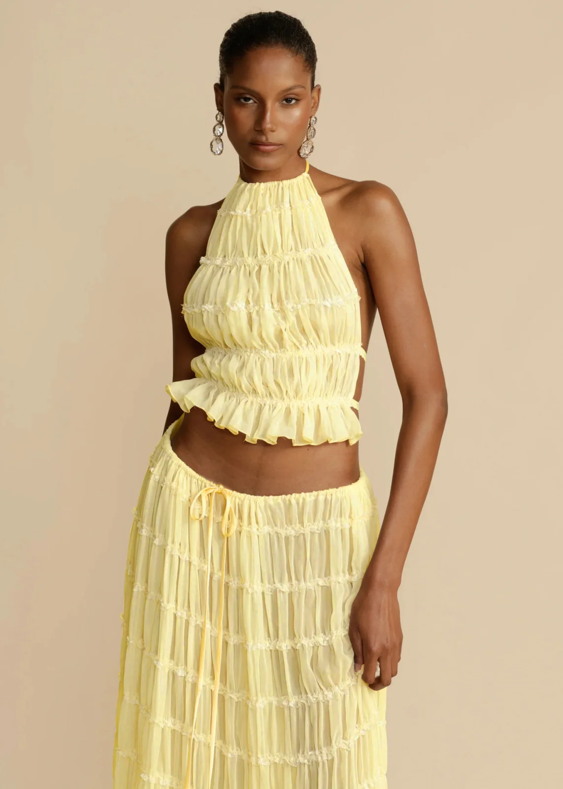2pcs Women's Dress Suit Sexy Sleeveless Backless Cropped Halter Top and Pleated Long Skirt Beach Clothing