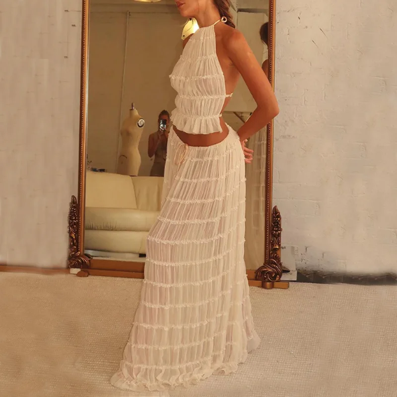 2pcs Women's Dress Suit Sexy Sleeveless Backless Cropped Halter Top and Pleated Long Skirt Beach Clothing
