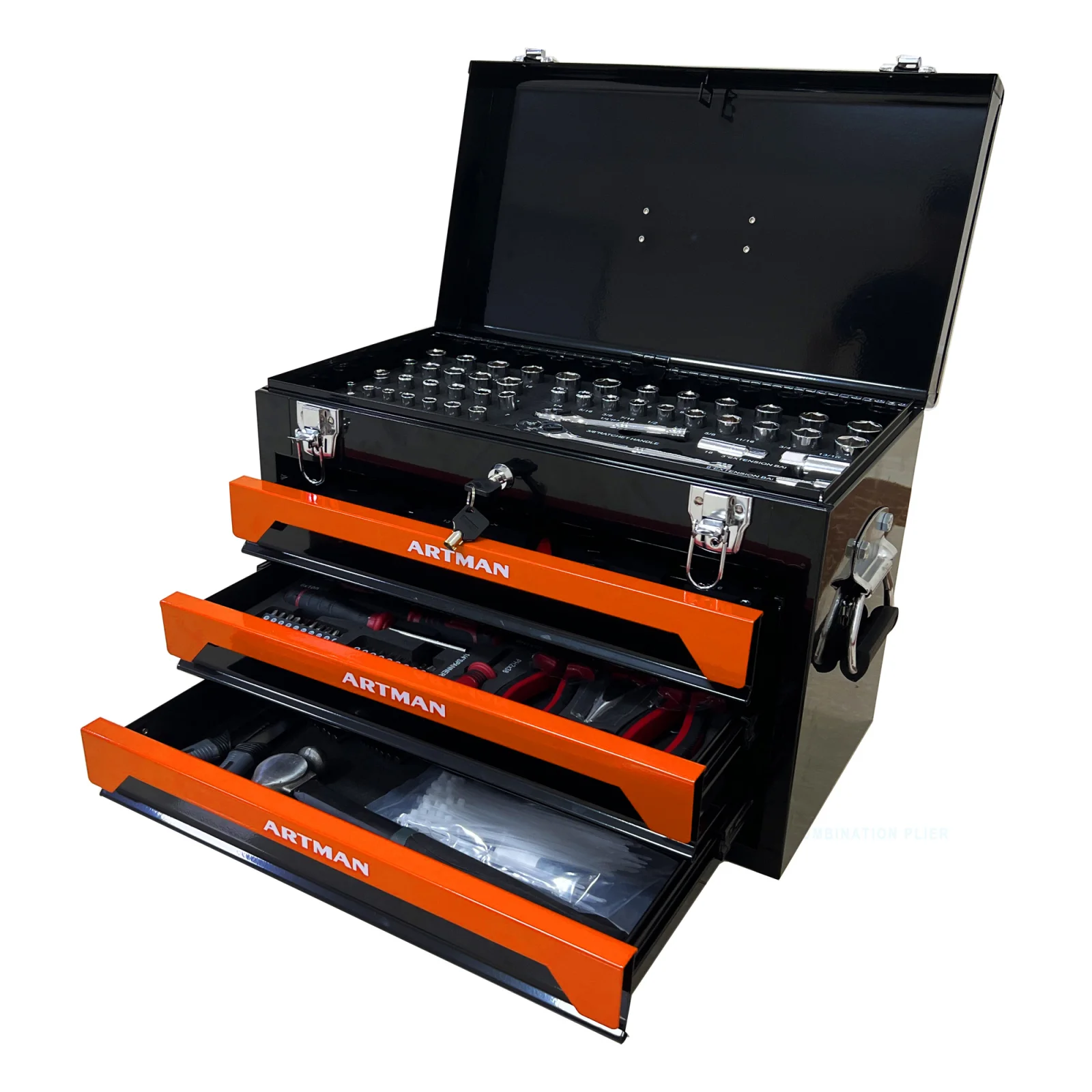 3 Drawer Tool Box with Tool Set – Black and Orange Steel Storage