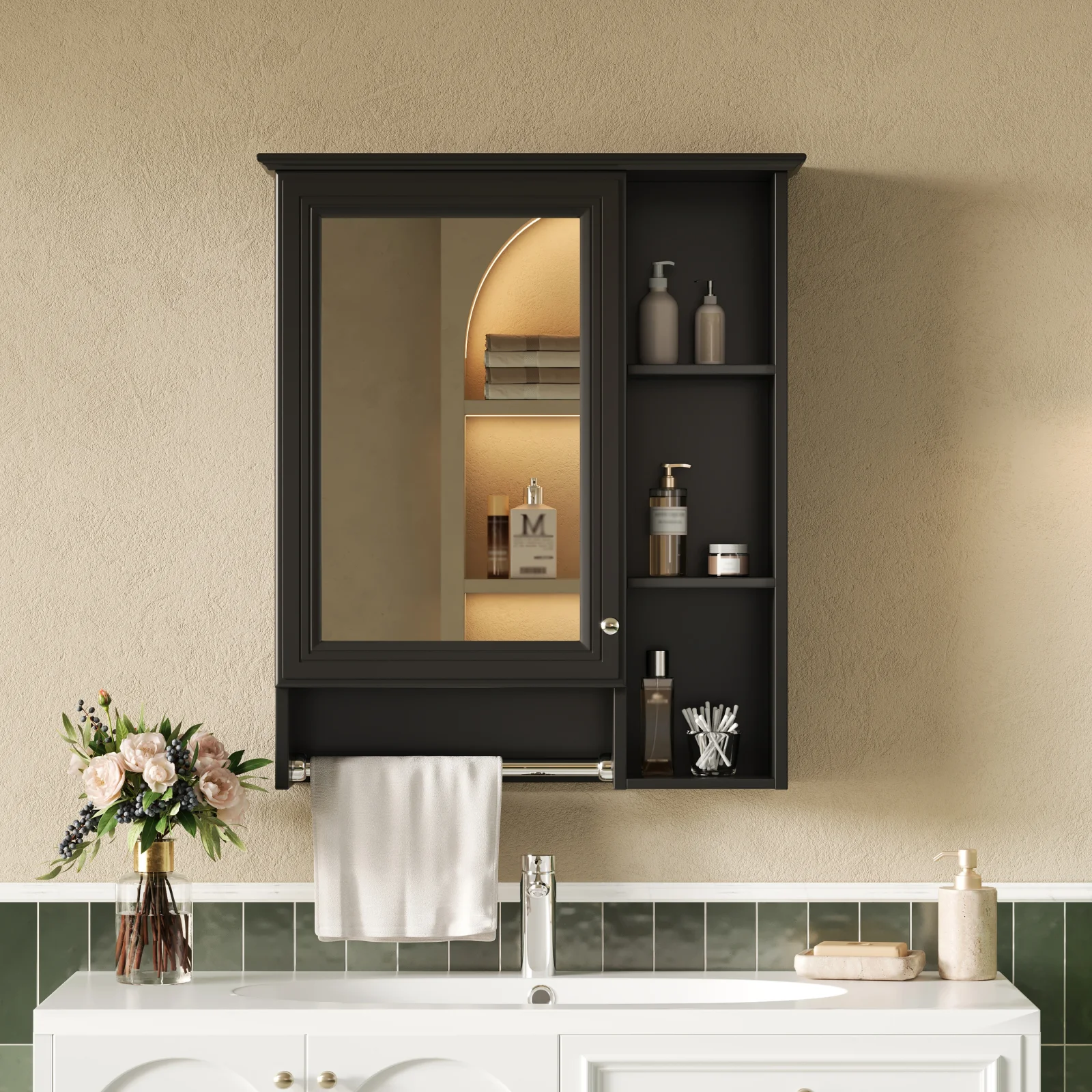 3-in-1 Bathroom Mirror Cabinet, 24-inch Wall Mounted Medicine Cabinet with Adjustable Shelf & Tower Bar, High-definition Mirror with Storage for Bathroom Vanity