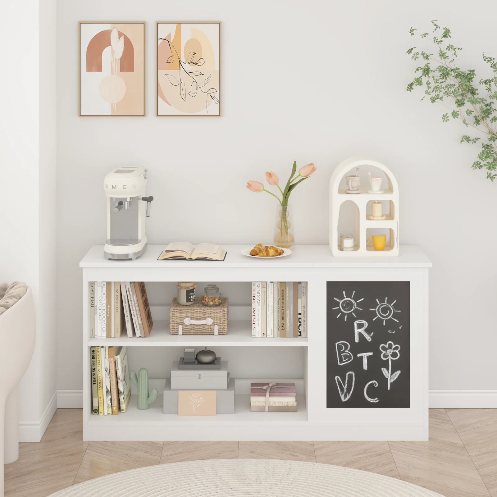3-in-1 Kids Bookshelf and Toy Storage Cabinet with Chalkboard Modern White Organizer for Playroom