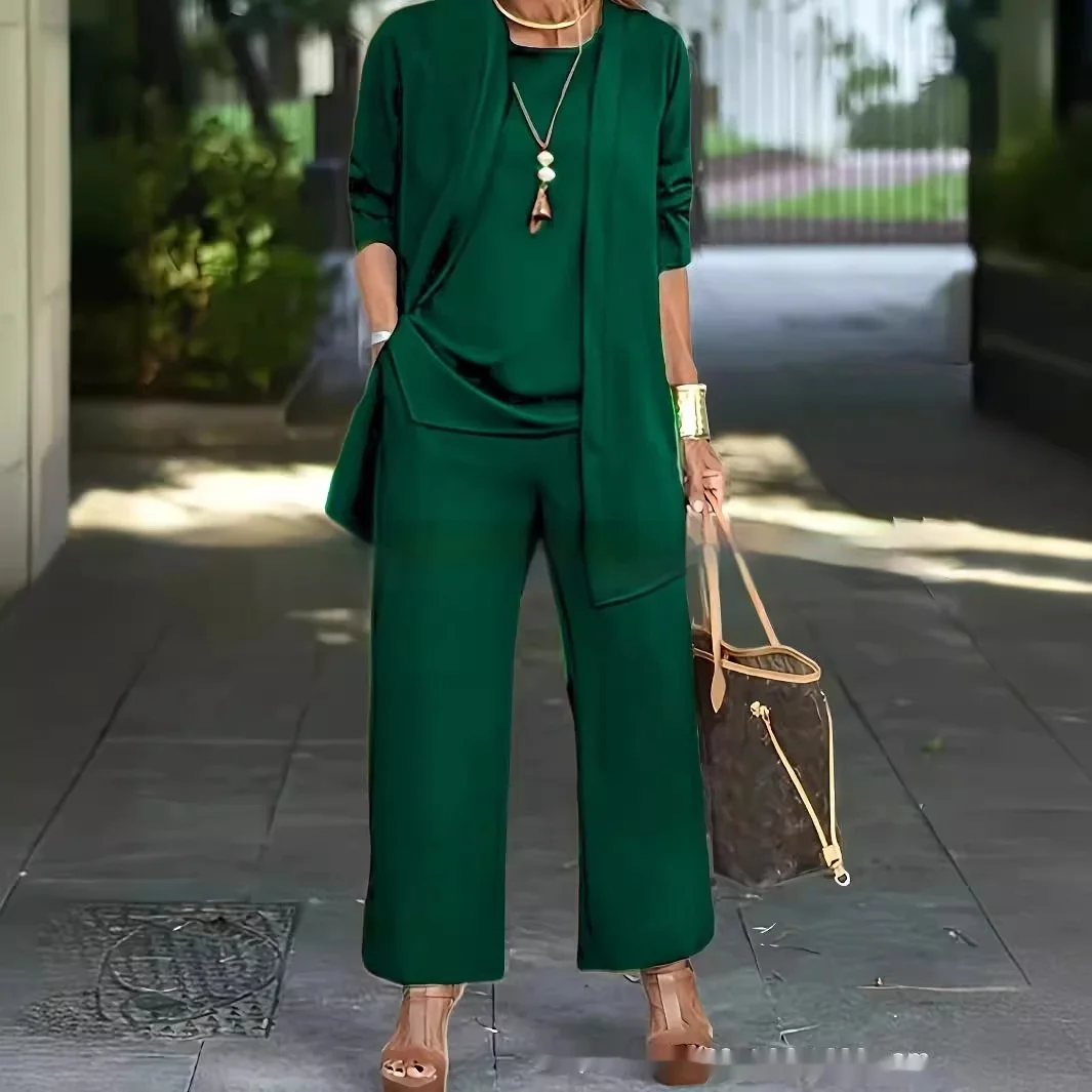 3-piece Cardigan Suit Pure Color Split Sleeveless Vest Top Long Sleeve Jacket and Wide Leg Pants Set