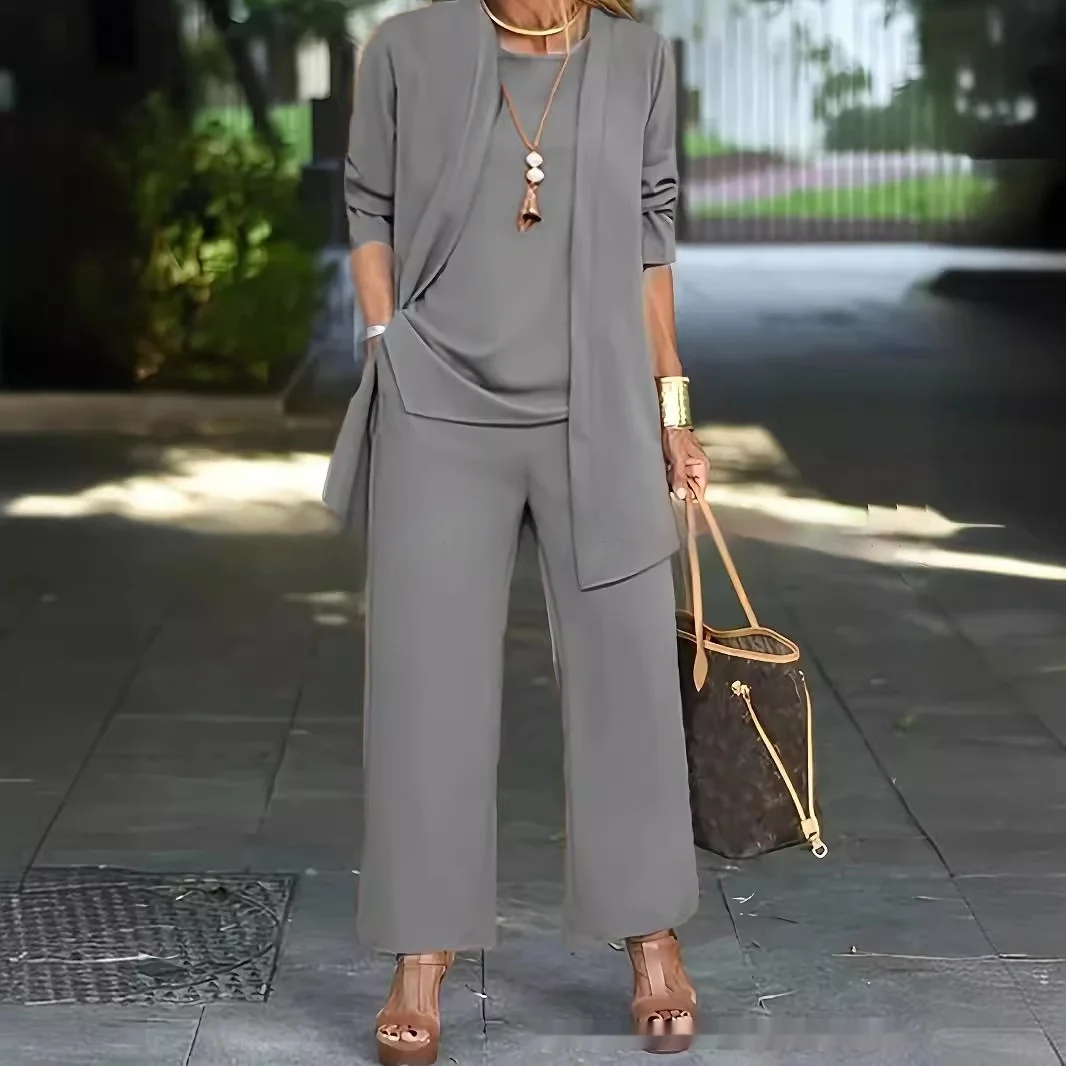 3-piece Cardigan Suit Pure Color Split Sleeveless Vest Top Long Sleeve Jacket and Wide Leg Pants Set