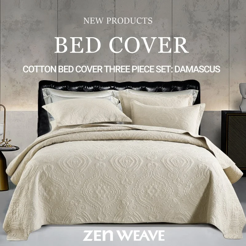 3-piece Damascus Quilted Bedspread Set Specification Embossed Quilting Cotton Filled Reversible Coverlet Skin-