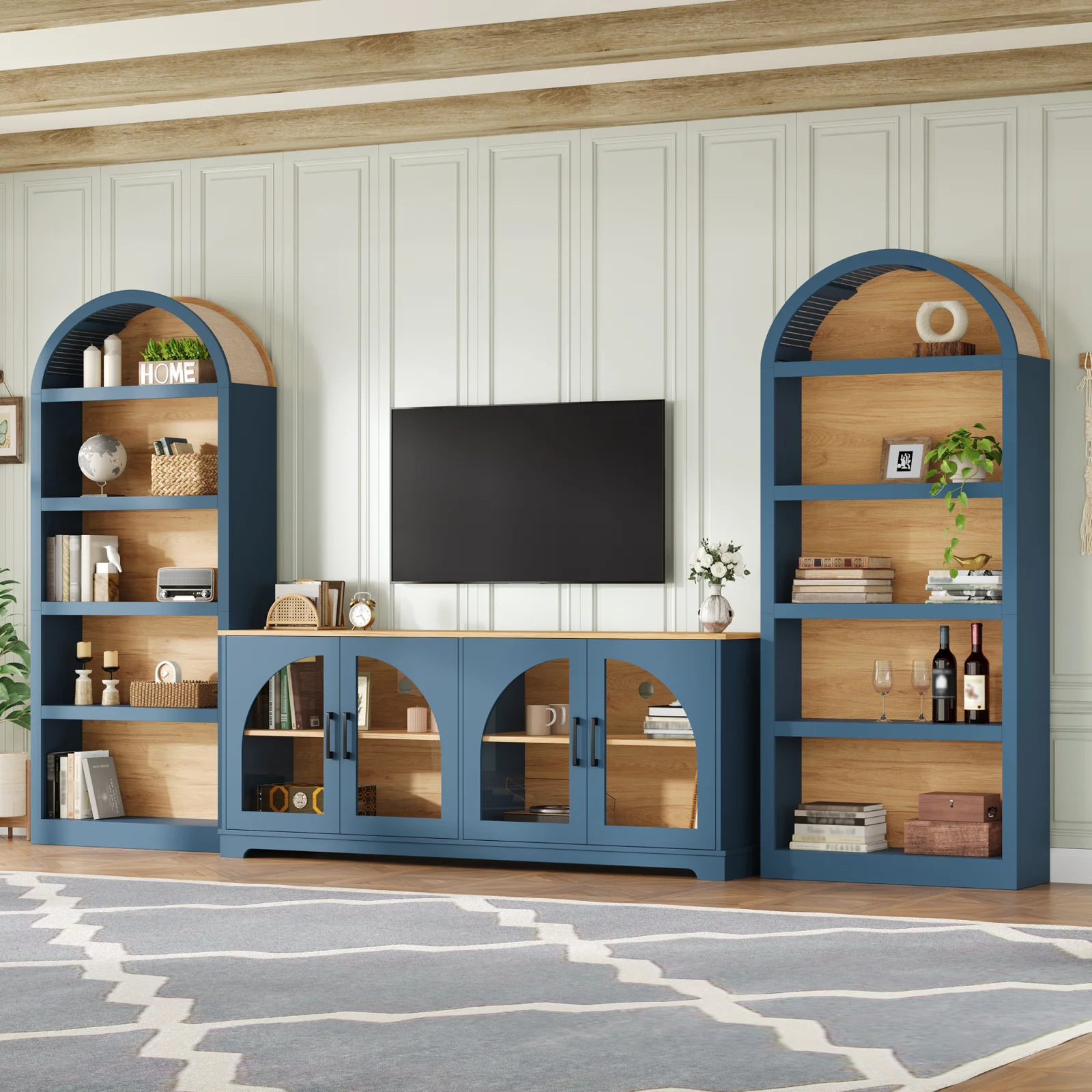 3-piece Retro Tv Stand Set with Bookshelf for Tvs Up to 70, Two-tone Wood Grain Entertainment Center with Arched Design, Farmhouse Sideboard with Tempered Glass Doors for Living Room, Blue Natural