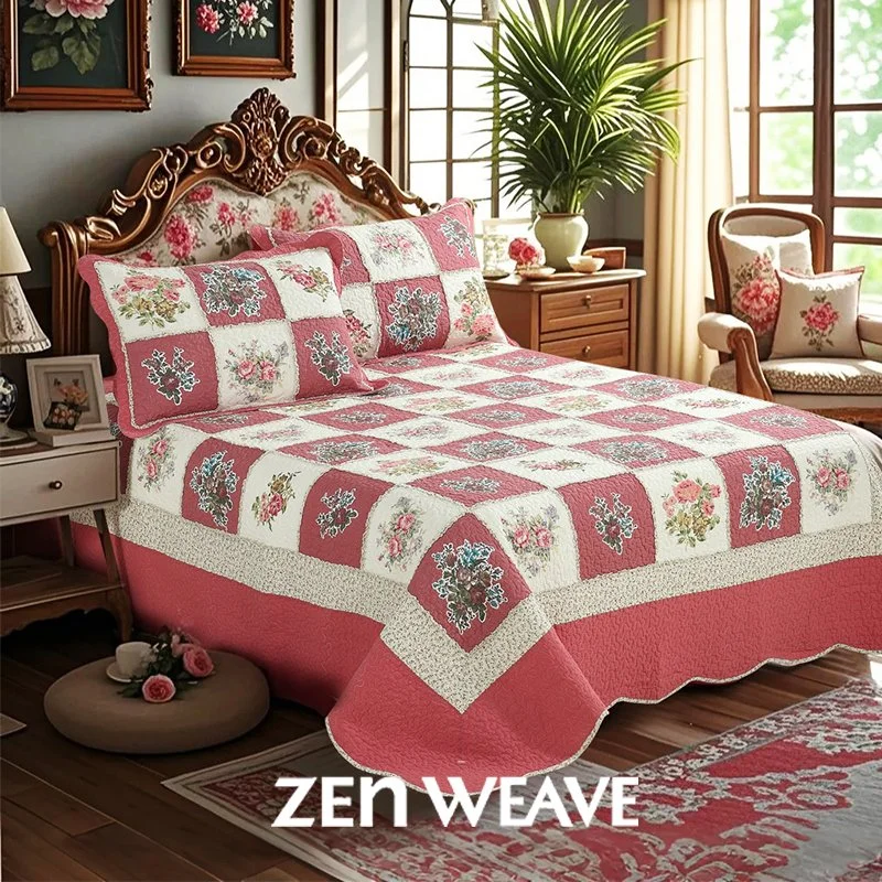 3-piece Vintage Floral Patchwork Quilted Bedspread Set Red Beige Rose Grid Scalloped Edge Cotton Filled Quilting Technology Reversible Coverlet Skin-friendly No Shrinkage Non-slip Anti-wrinkle