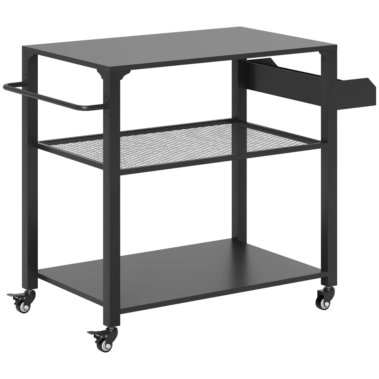 3-tier Outdoor Grill Cart with Storage Racks, Side Handle, Movable Pizza Oven Table on Wheels