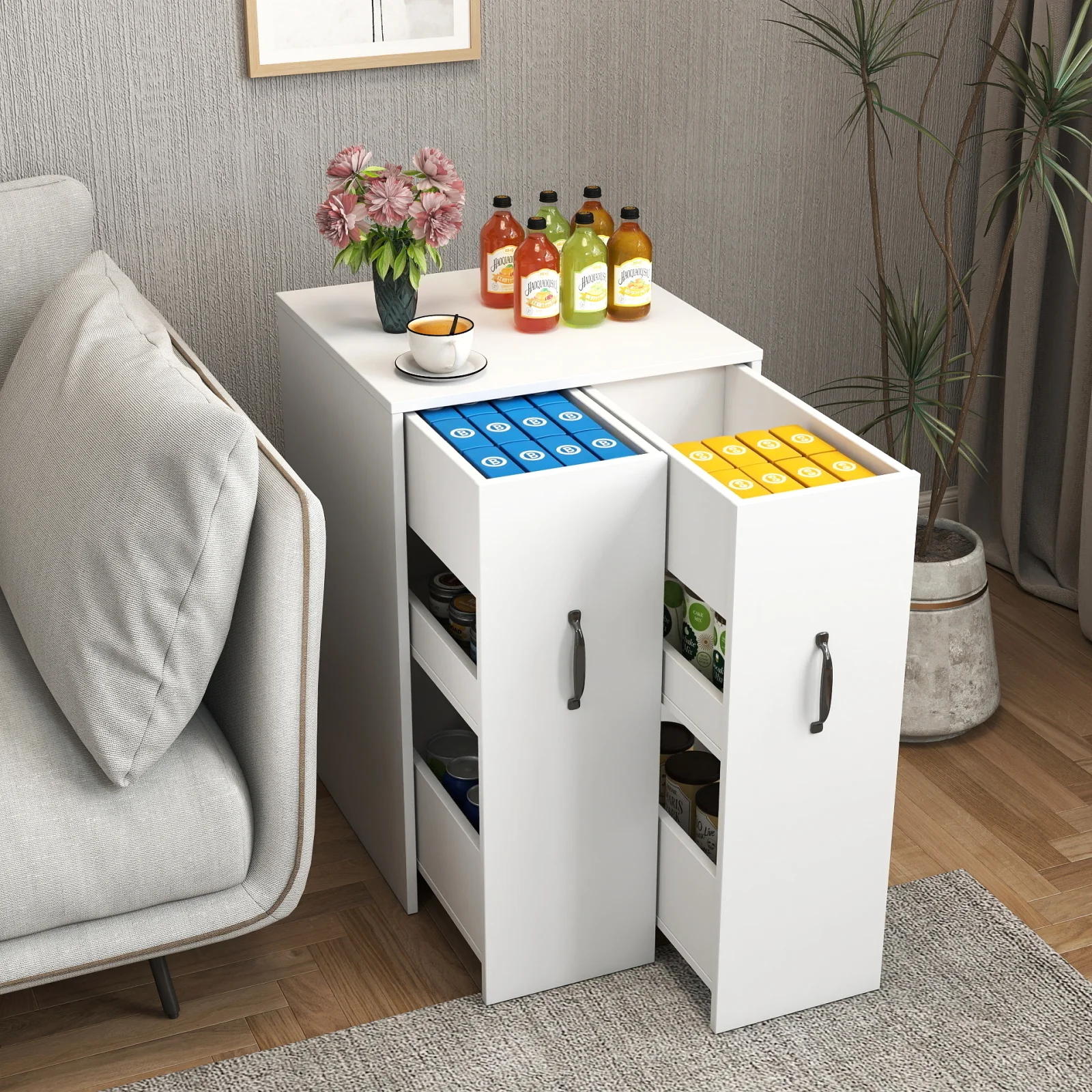 3 Tier Wooden Floor Standing Bookcase,slide Out Drawer Storage Bookcase File Cabinet,pull Out Mobile with Door Dustproof File Cabinet,office Bedroom Living Room Hidden Storage Cabinet with Wheels