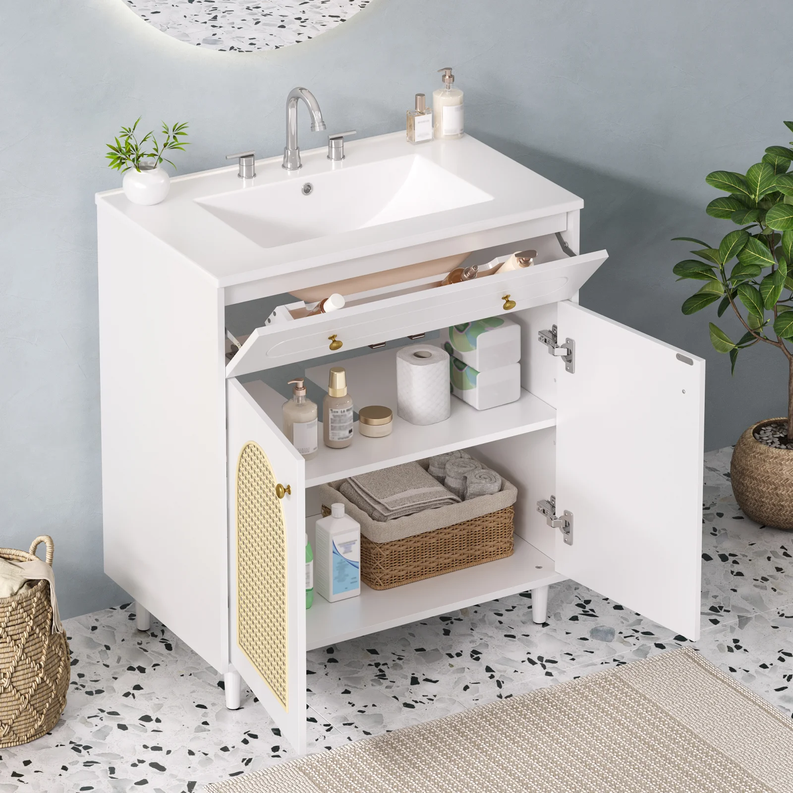 30 Bathroom Vanity with Ceramic Sink, Solid Wood Frame Bathroom Sink Cabinet with Adjustable Shelf, Tip-drawer, Rattan Front Panels