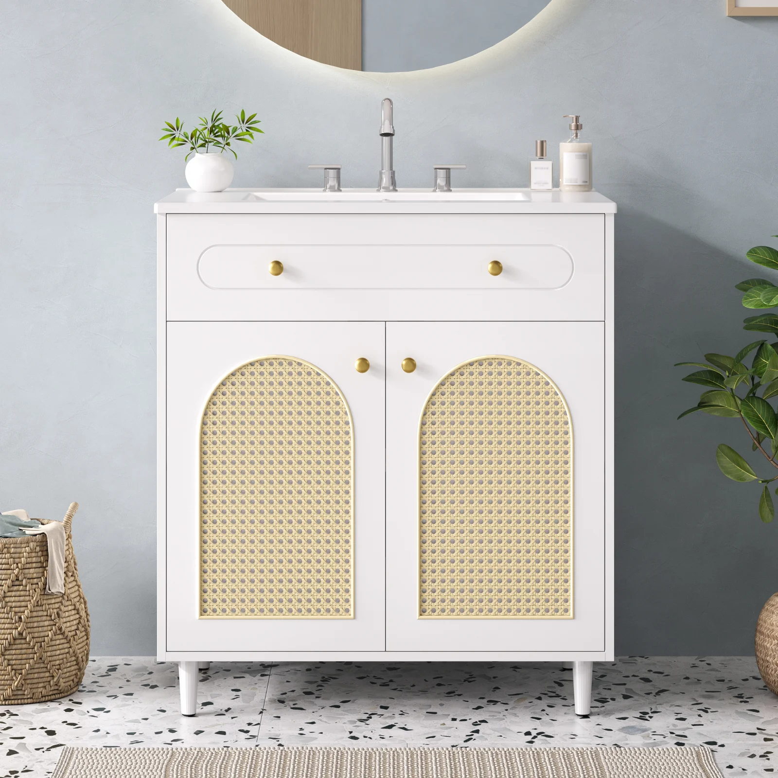 30 Bathroom Vanity with Ceramic Sink, Solid Wood Frame Bathroom Sink Cabinet with Adjustable Shelf, Tip-drawer, Rattan Front Panels