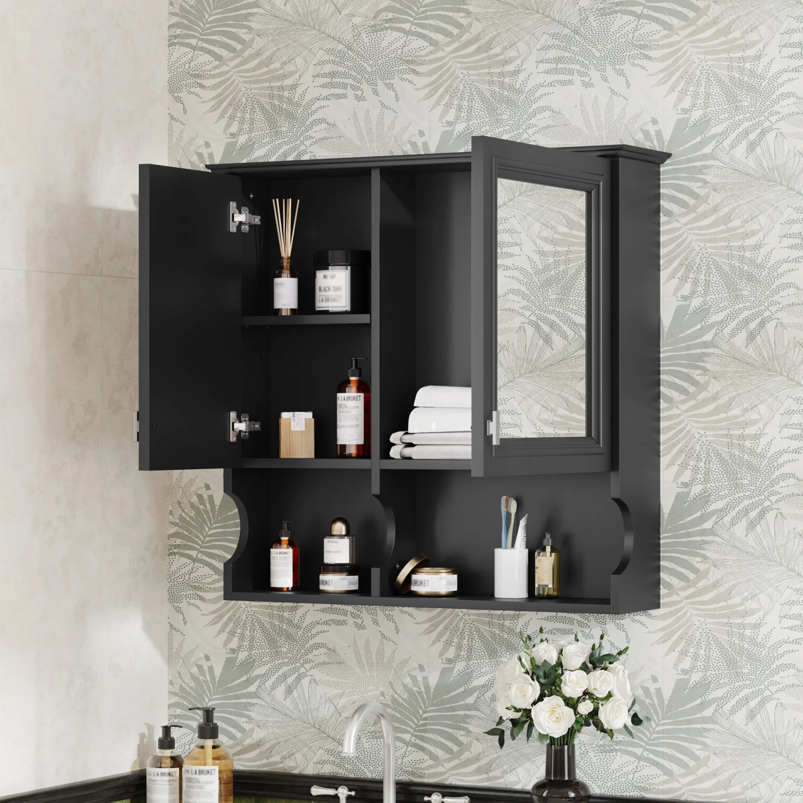 30 Inch Mirror Medicine Cabinet with Open Shelves, Wall Mounted Home Storage with Doors & Mirror, Adjustable Shelf, Bathroom Storage Cabinet Over Toilet
