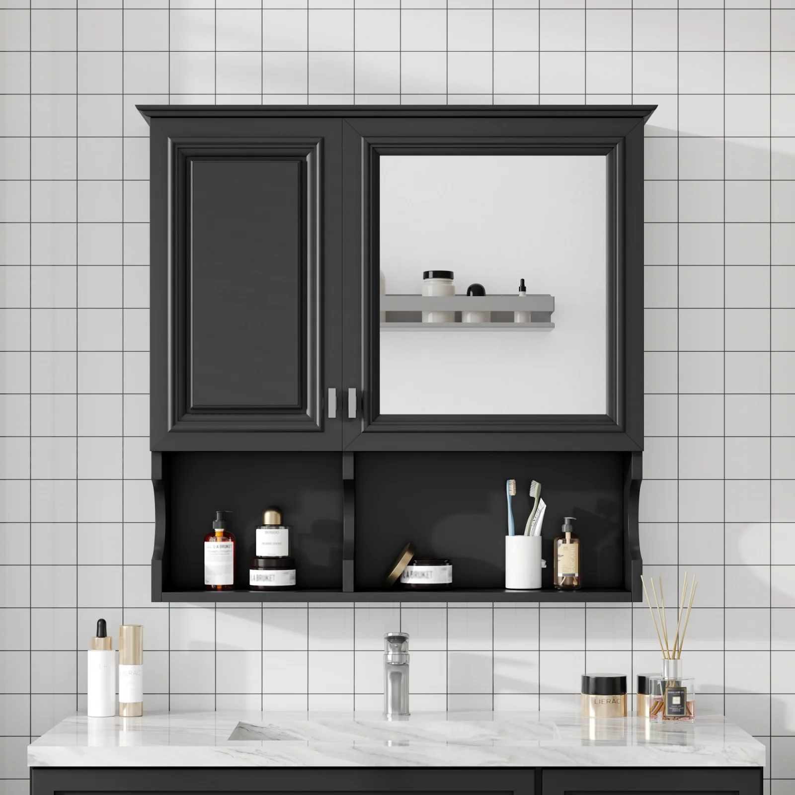 30 Inch Mirror Medicine Cabinet with Open Shelves, Wall Mounted Home Storage with Doors & Mirror, Adjustable Shelf, Bathroom Storage Cabinet Over Toilet
