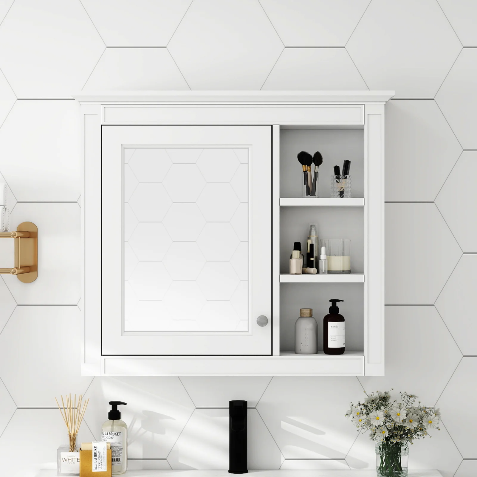 30 X 28 Medicine Cabinet, Wall Mounted Bathroom Storage Cabinet, Modern Bathroom Wall Cabinet with Mirror,medicine Cabinet, Mirror Cabinet with 3 Open Shelves Not Include Bathroom Vanity