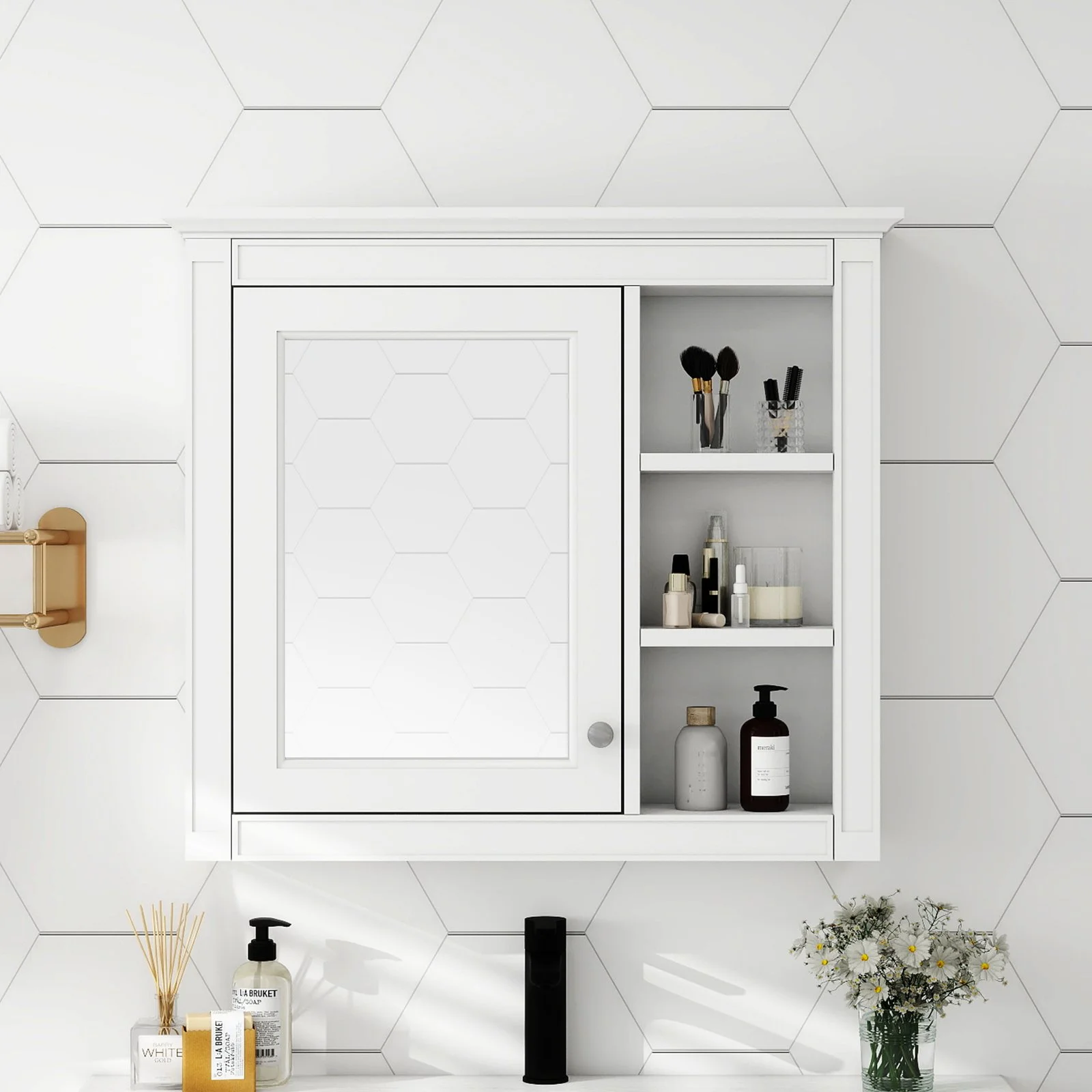 30 X 28 Medicine Cabinet, Wall Mounted Bathroom Storage Cabinet, Modern Bathroom Wall Cabinet with Mirror,medicine Cabinet, Mirror Cabinet with 3 Open Shelves Not Include Bathroom Vanity
