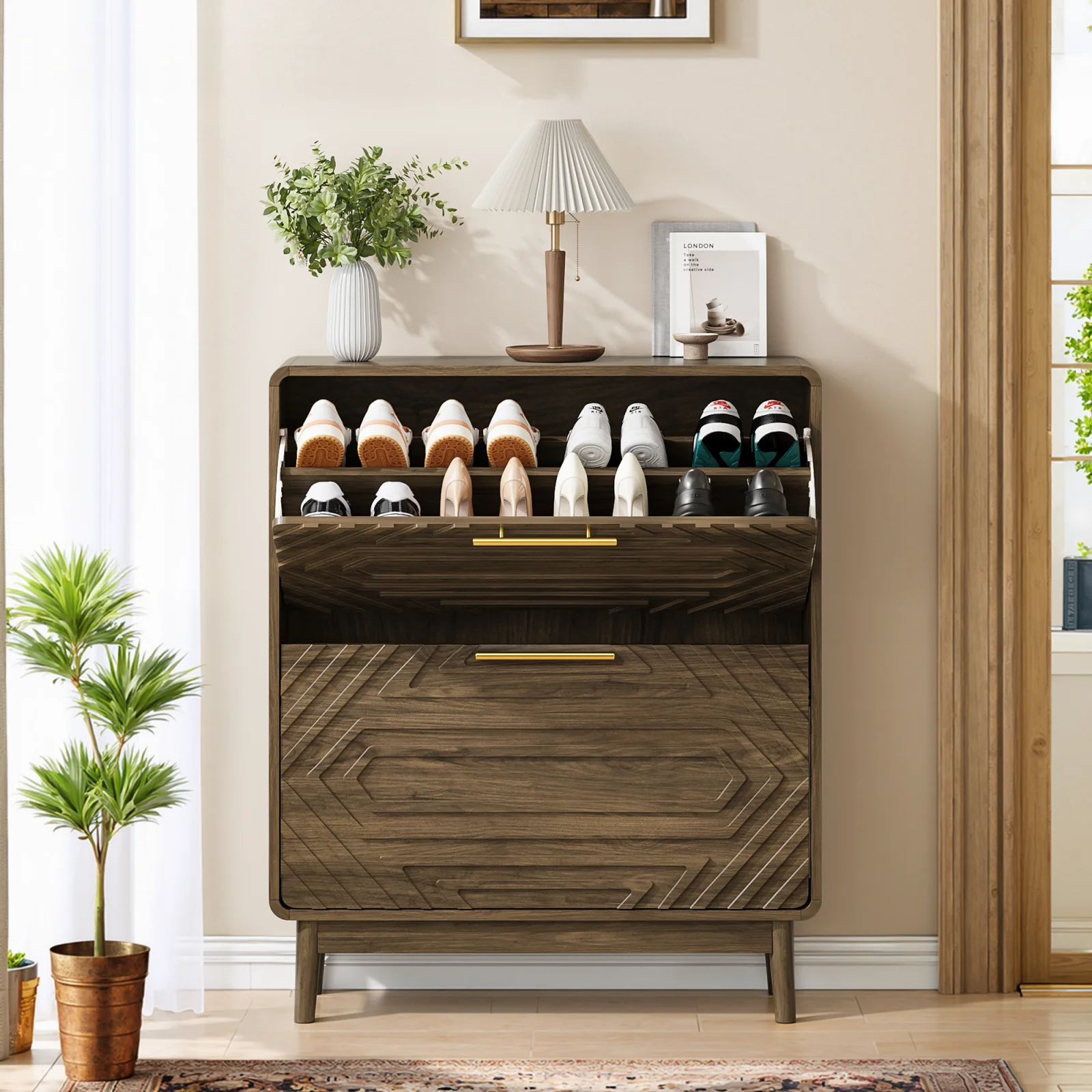 31.5 Walnut Shoe Cabinet, Mid-century Modern Freestanding Shoe Cabinet, Freestanding Organizer with 2 Flip-top Drawers, Suitable for Entry, Hallway and Foyer