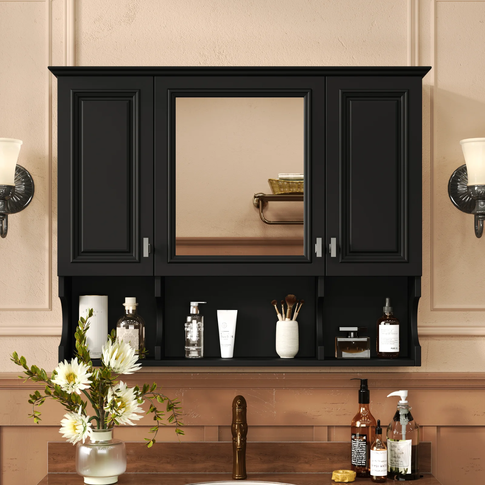 35'' X 28'' Wall Mounted Bathroom Medicine Cabinet, Modern Bathroom Wall Cabinet with Mirror, Mirror Cabinet with Open Shelves
