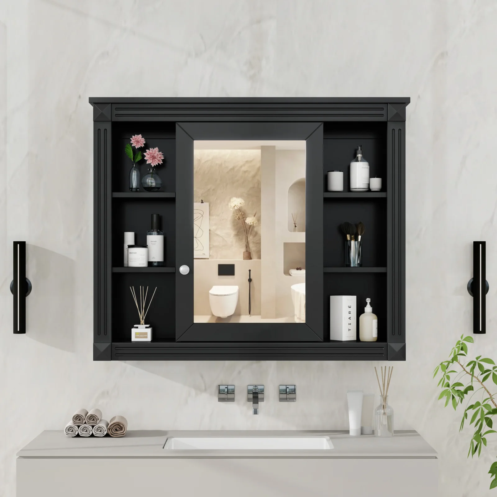 35 X 28 Wall Mounted Bathroom Storage Cabinet, Medicine Cabinet, Modern Bathroom Wall Cabinet with Mirror, Mirror Cabinet with 6 Open Shelves Not Include Bathroom Vanity