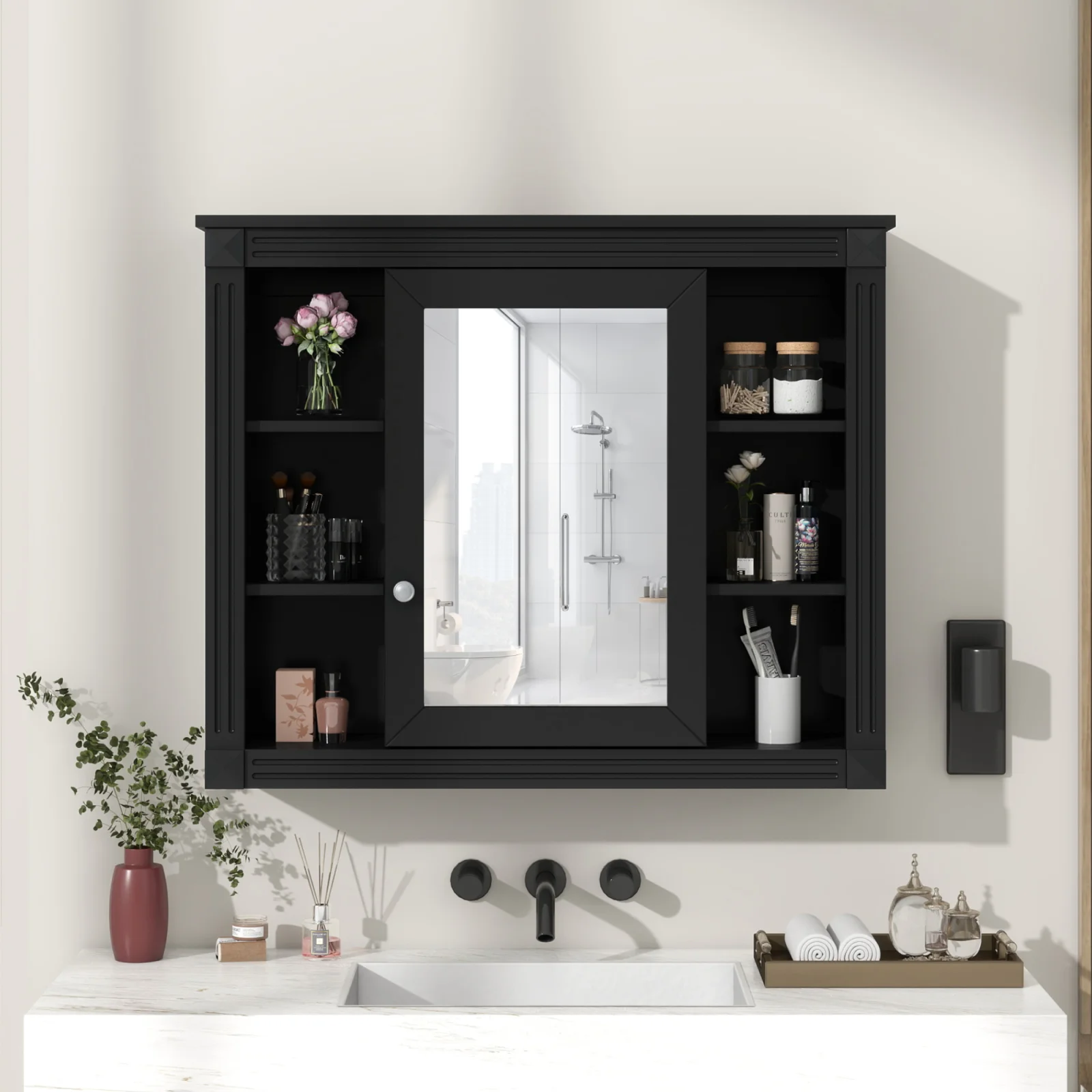 35 X 28 Wall Mounted Bathroom Storage Cabinet, Medicine Cabinet, Modern Bathroom Wall Cabinet with Mirror, Mirror Cabinet with 6 Open Shelves Not Include Bathroom Vanity