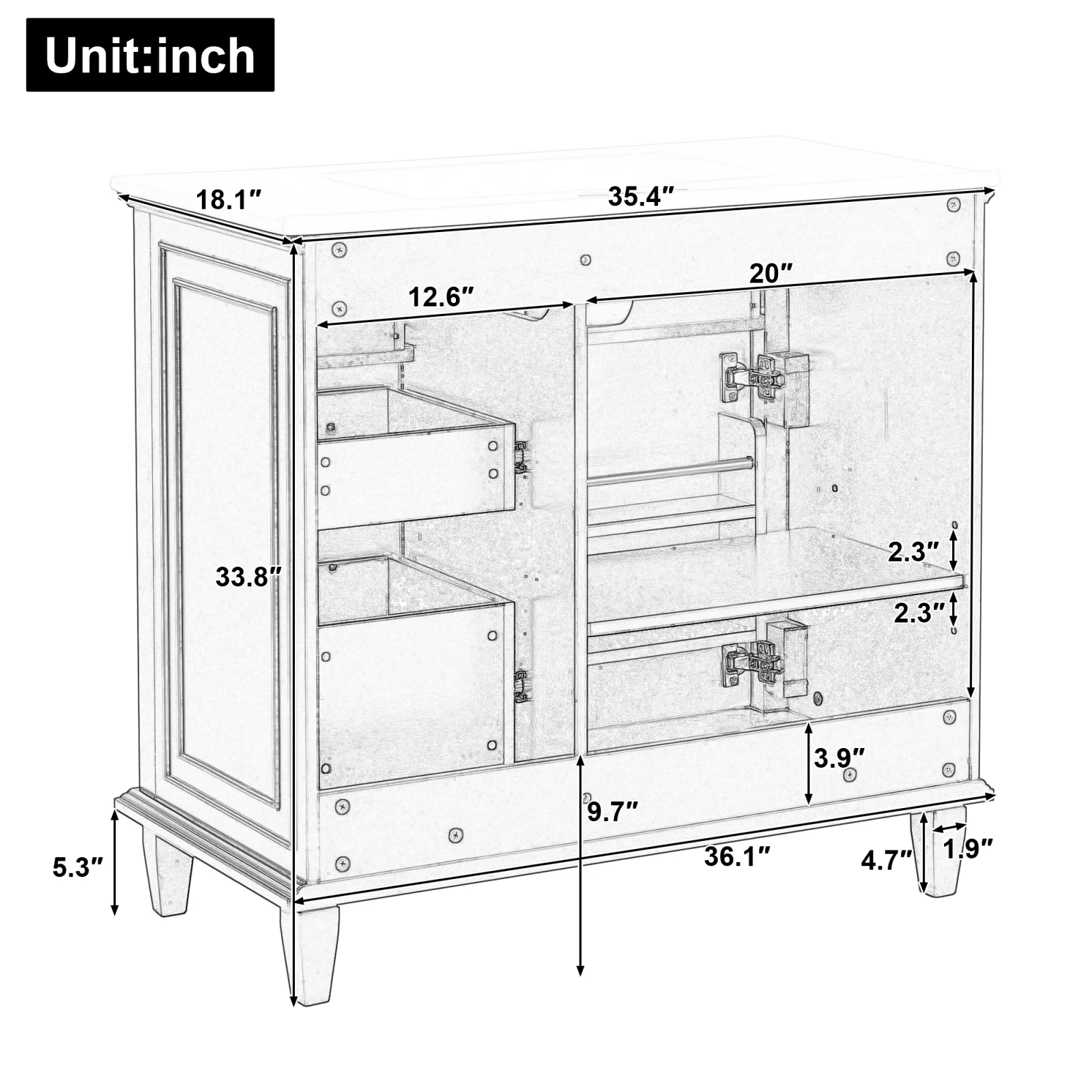 36 Inch Bathroom Vanity with Ceramic Sink Top, Solid Wood Frame, Mdf & Poplar Cabinet, Flip Drawers, Adjustable Shelf, and Zinc Alloy Handles, Freestanding Storage Cabinet Faucet Not Included