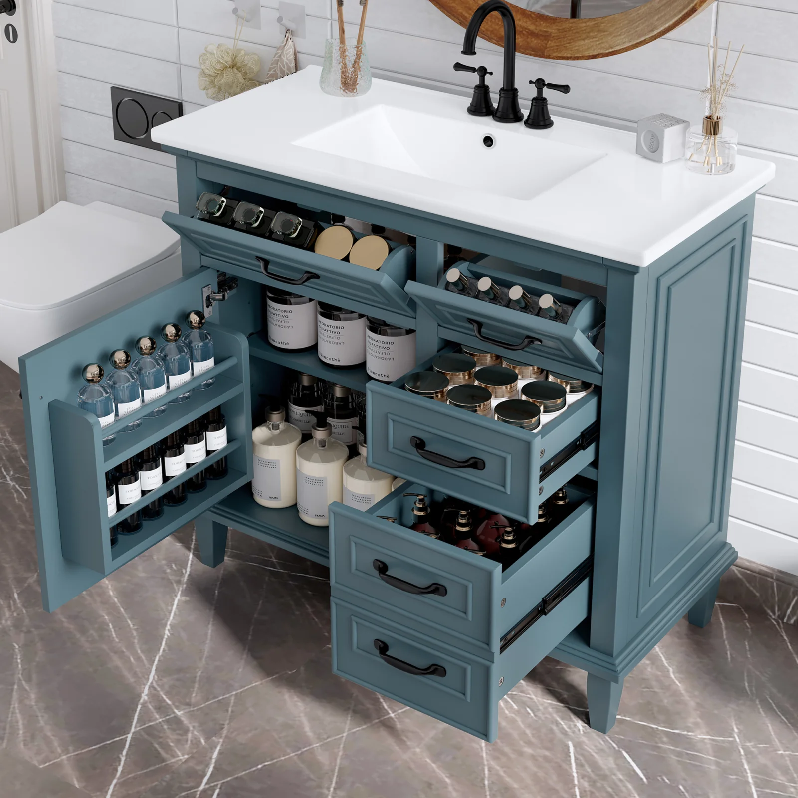 36 Inch Bathroom Vanity with Ceramic Sink Top, Solid Wood Frame, Mdf & Poplar Cabinet, Flip Drawers, Adjustable Shelf, and Zinc Alloy Handles, Freestanding Storage Cabinet Faucet Not Included