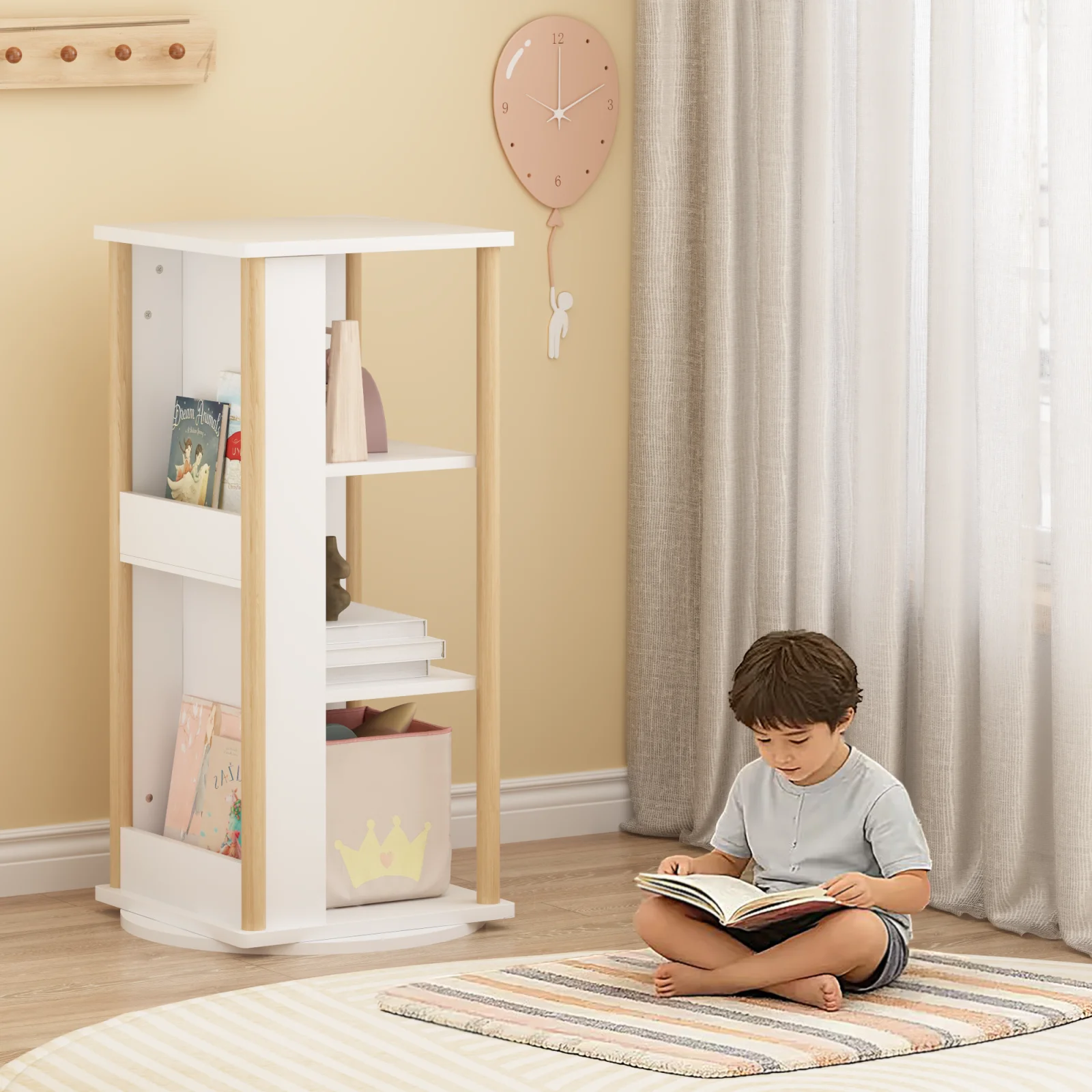 360 Rotating Kids Bookshelf with Chalkboard, 3-tier Wood Floor Revolving Bookcase & Toy Storage Organizer, Picture Book Display Stand for Toddlers, Nursery & Playroom, White and Natural