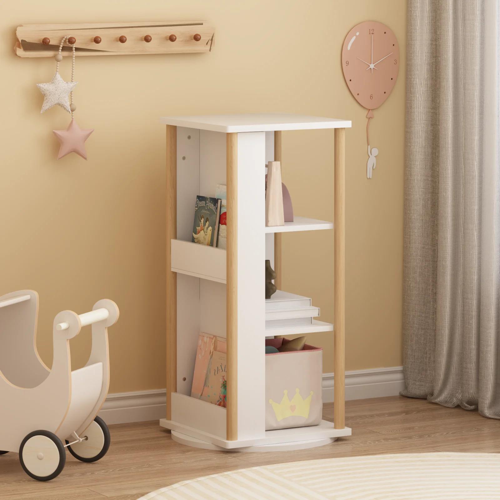360 Rotating Kids Bookshelf with Chalkboard, 3-tier Wood Floor Revolving Bookcase & Toy Storage Organizer, Picture Book Display Stand for Toddlers, Nursery & Playroom, White and Natural