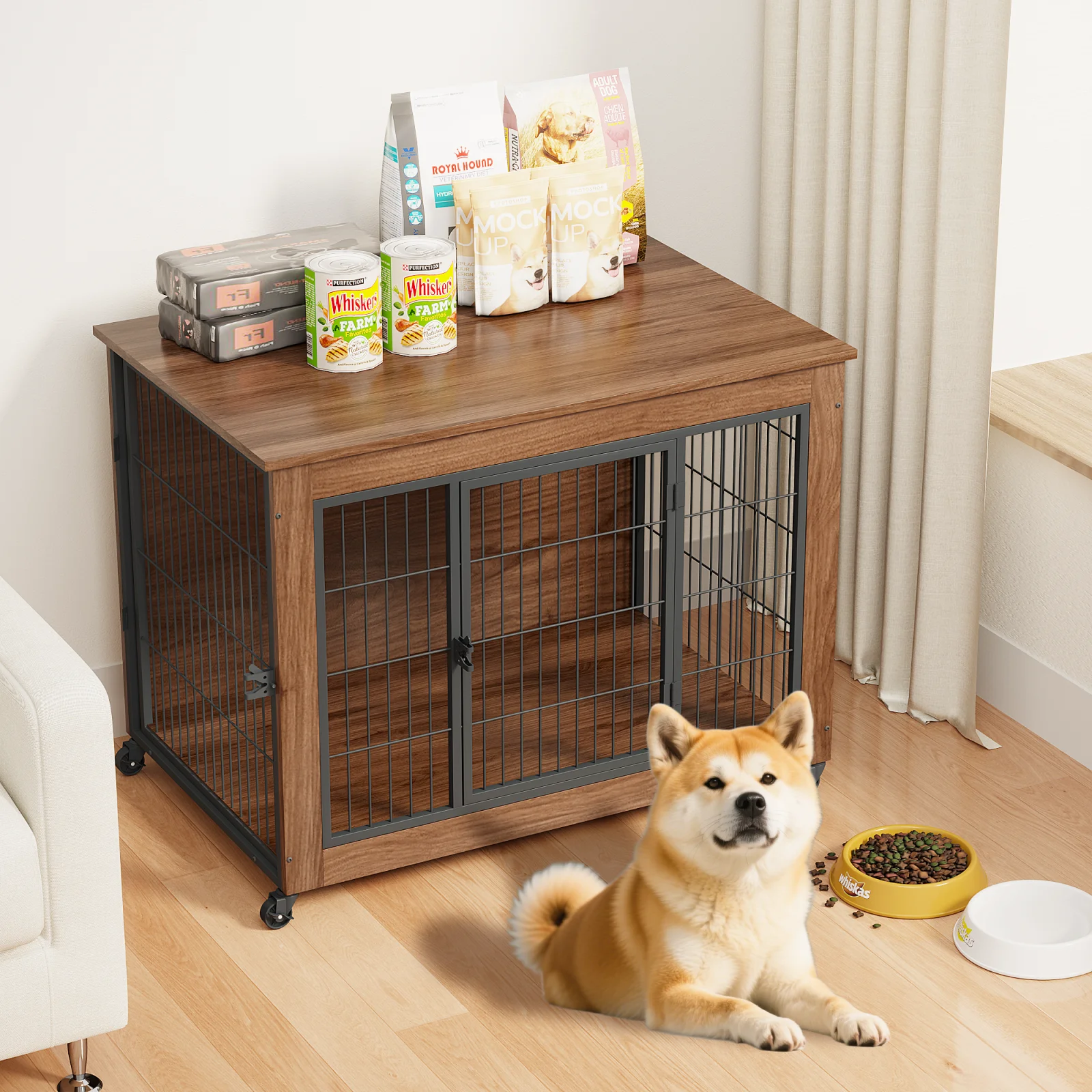 38.6 Dog Crate Furniture with Wheels for Small Dogs, Heavy Duty Dog Kennel Indoor with 2 Doors, Wooden Pet Cage End Table, Double-doors Sturdy Metal Dog Cage for Anxiety Dog