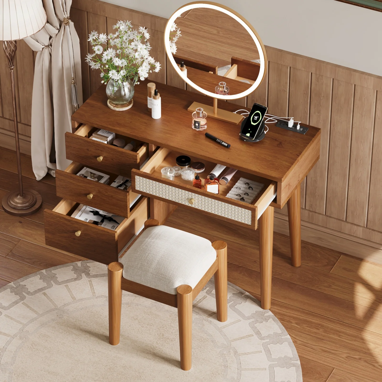 39 Retro Bohemian Style Wooden Makeup Vanity Set with Charging Plug&usb Port and Stool, Dressing Table with 3 Storage Drawers and 1 Rectangular Rattan Drawer, Walnut