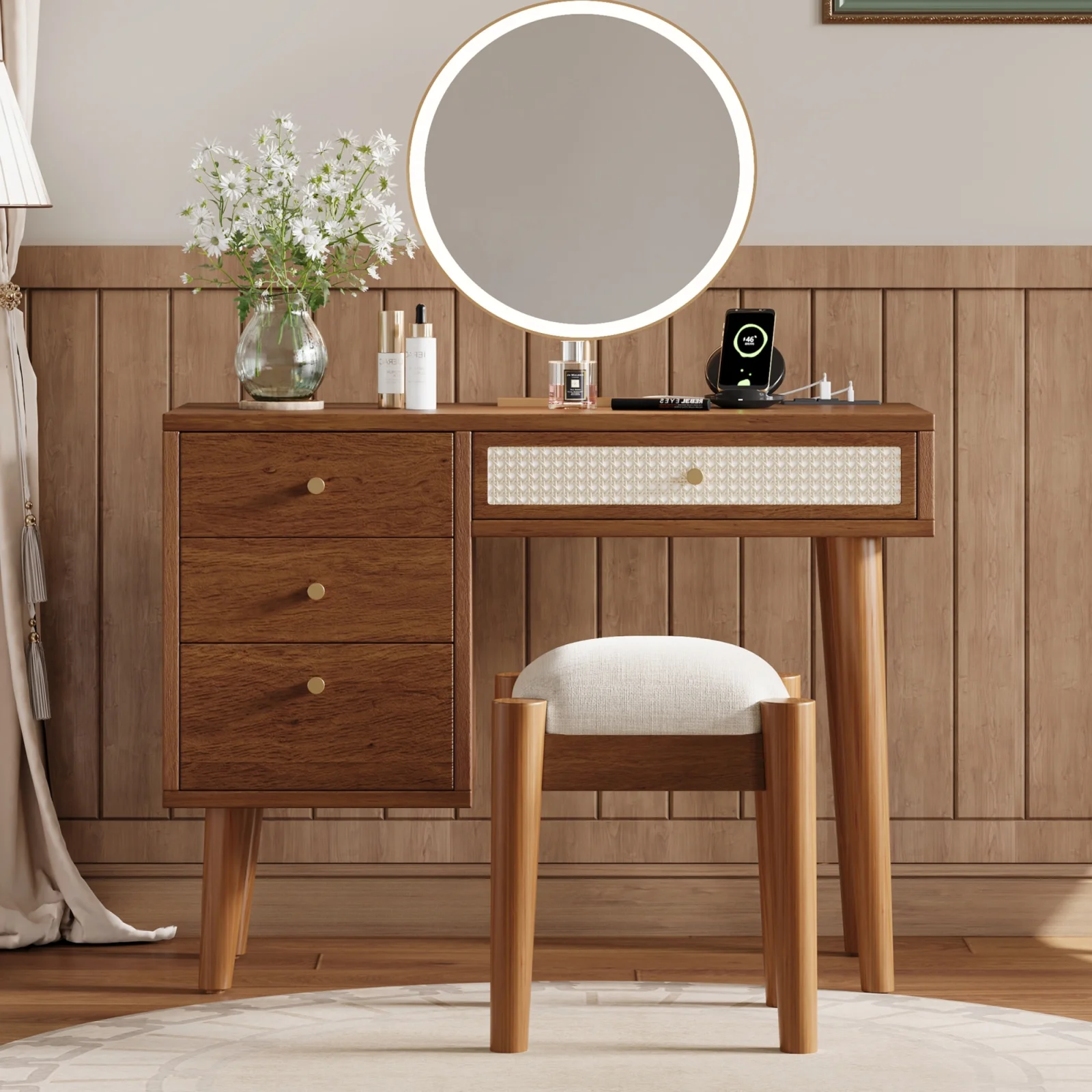 39 Retro Bohemian Style Wooden Makeup Vanity Set with Charging Plug&usb Port and Stool, Dressing Table with 3 Storage Drawers and 1 Rectangular Rattan Drawer, Walnut