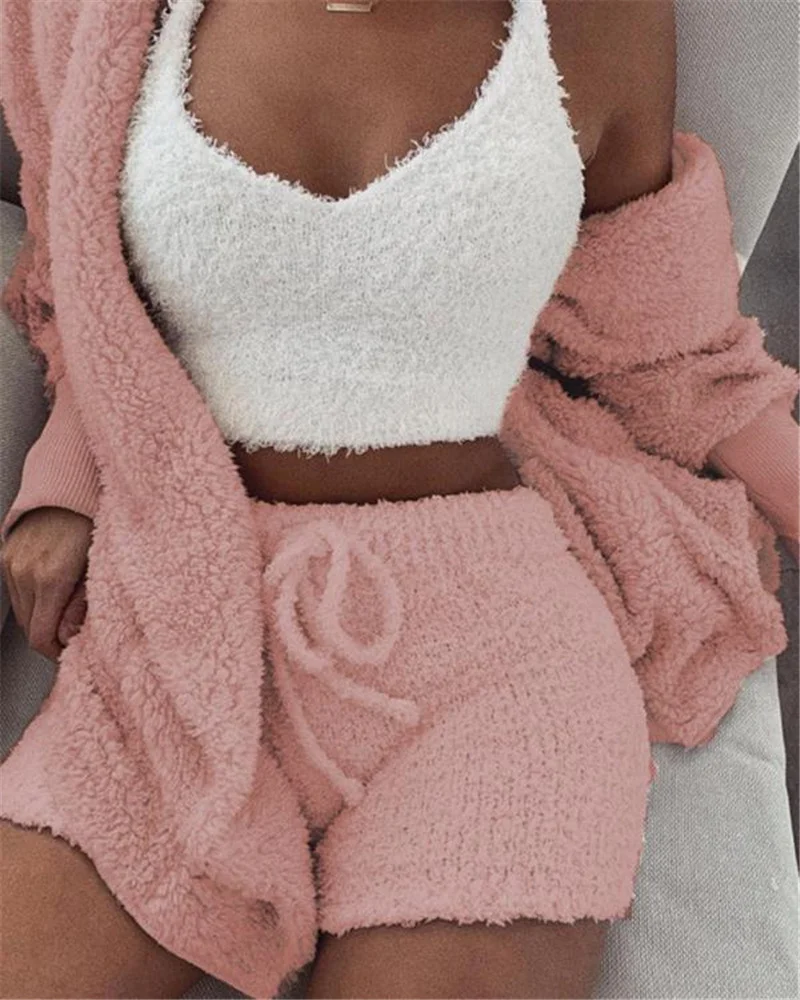 3pcs Womens Clothing Long Sleeve Crop Tank Top and Drawstring Shorts Pajama Set