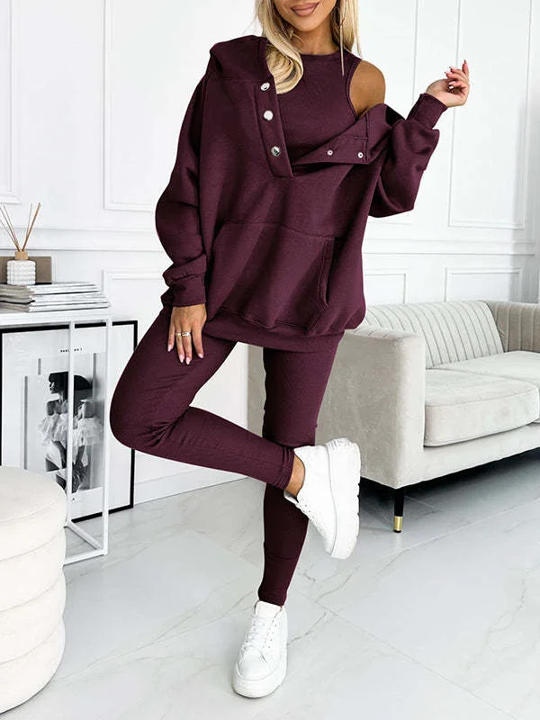3pcs Women's Sports Suit Loose Hooded Pockets Sweatshirt and Vest and Slim Trousers