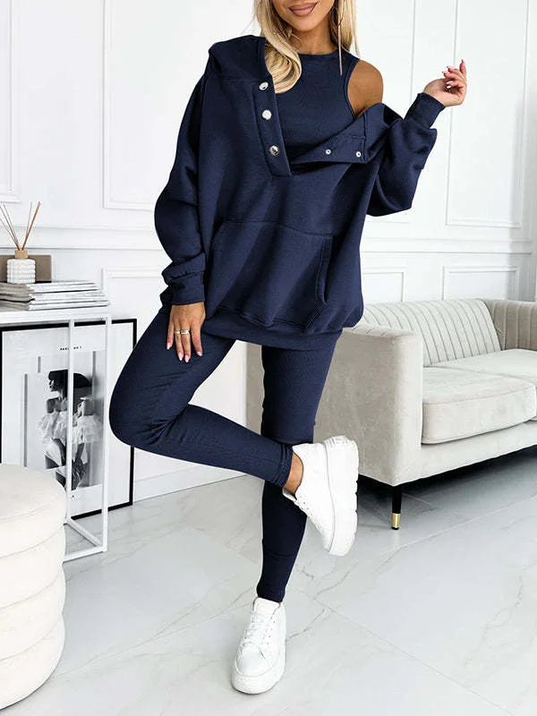 3pcs Women's Sports Suit Loose Hooded Pockets Sweatshirt and Vest and Slim Trousers