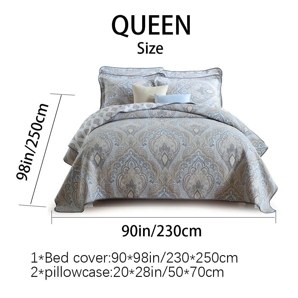 3x Dense Quilting Anti-static Fade Proof Machine Washable All Season Lightweight Bedding 3-piece Gray Blue Paisley Damask Quilted Bedspread Set Cotton Filled Reversible Coverlet Skin-friendly Soft