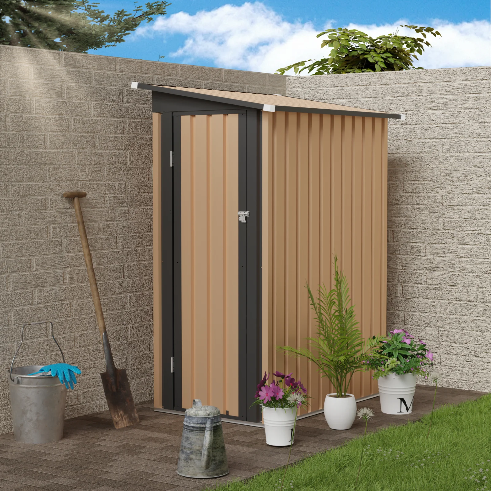 4.27 Ft X2.42 Ft Metal Garden Shed 5 X 3 Ft Pent Roof with Side Hinge Door