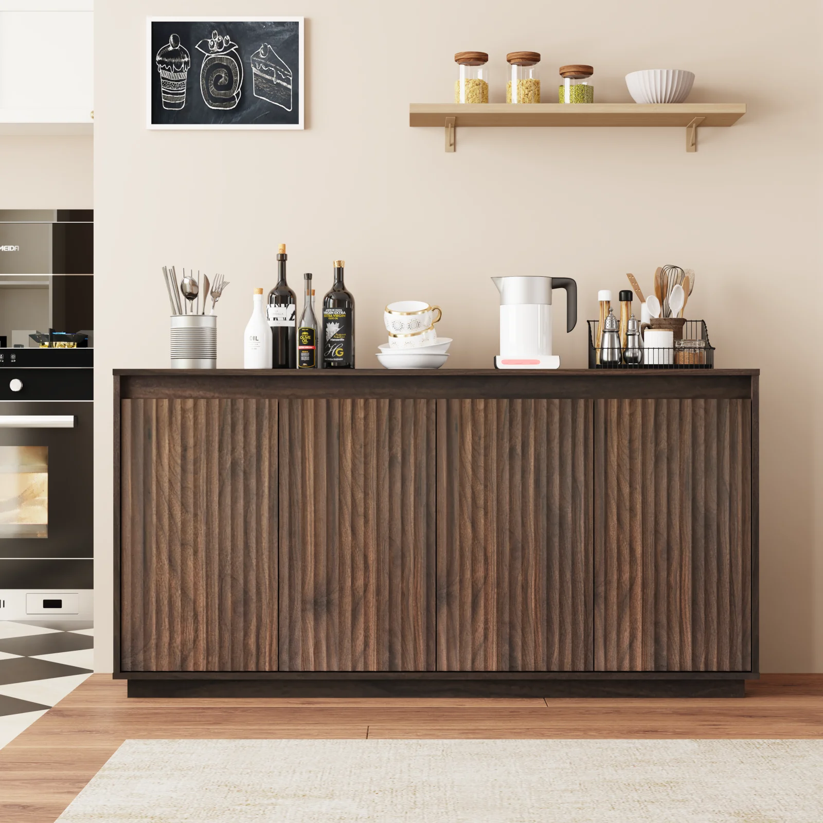 4 Door Walnut Wood Sideboard Buffet Cabinet with Power Outlet, Wavy Vertical Texture Accent Cabinet with No-handle Design Door Top Edge As Handle , Freestanding Kitchen Storage Cabinet for Dining Roo