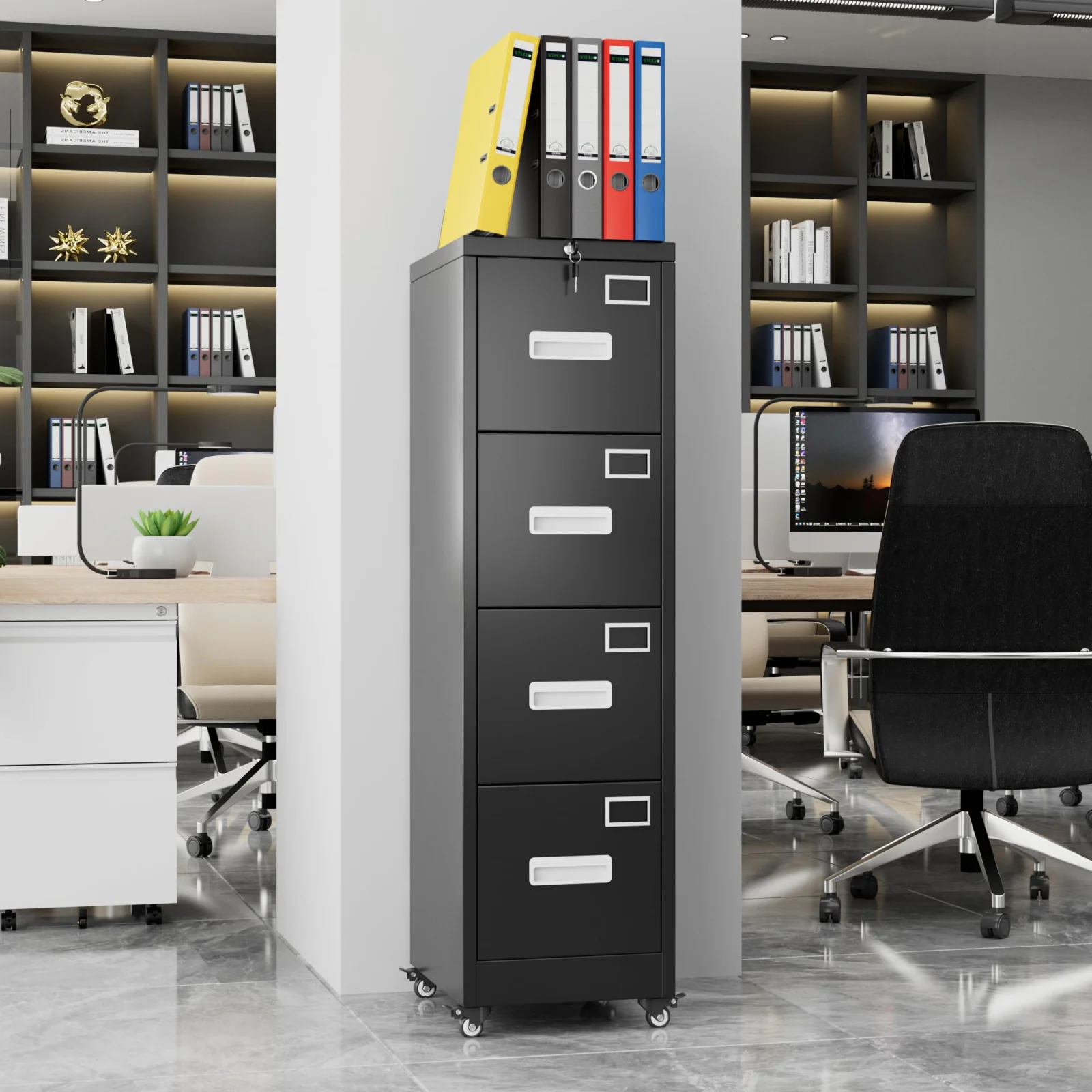 4 Drawer Vertical File Cabinet on Wheels, Lockable Office Files Storage Cabinet with Handle and Name Card,mobile Storage Cabinet for Office and Home,assembly Required,black