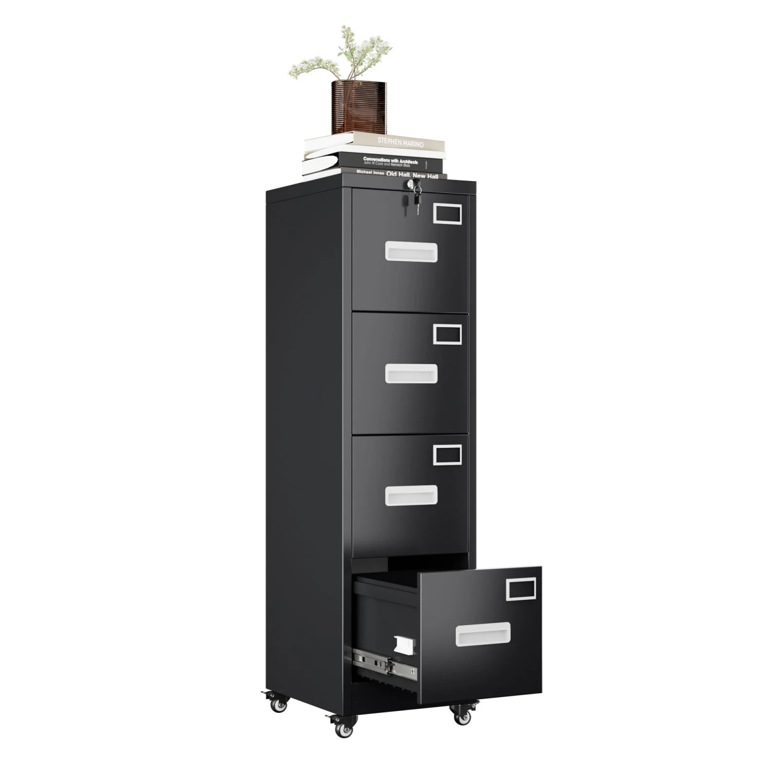 4 Drawer Vertical File Cabinet on Wheels, Lockable Office Files Storage Cabinet with Handle and Name Card,mobile Storage Cabinet for Office and Home,assembly Required,black