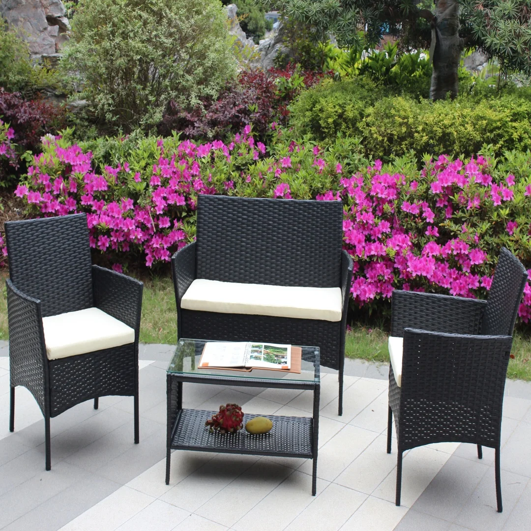 4 Pc Rattan Patio Furniture Set Outdoor Patio Cushioned Seat Wicker Sofa Beige Cushion