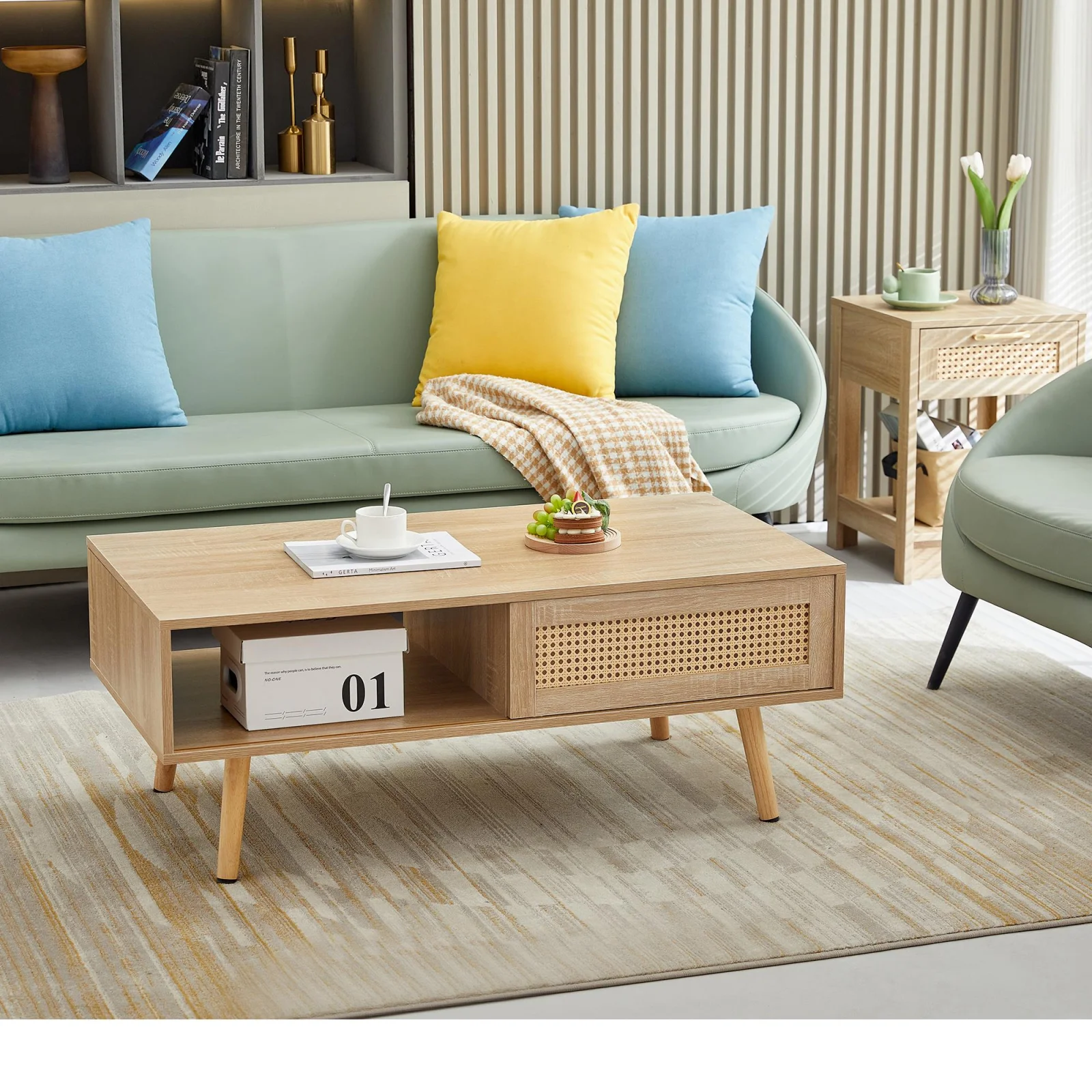 41.34 Inch Rattan Coffee Table, Sliding Door for Storage, Solid Wood Legs, Modern Living Room Table, Natural