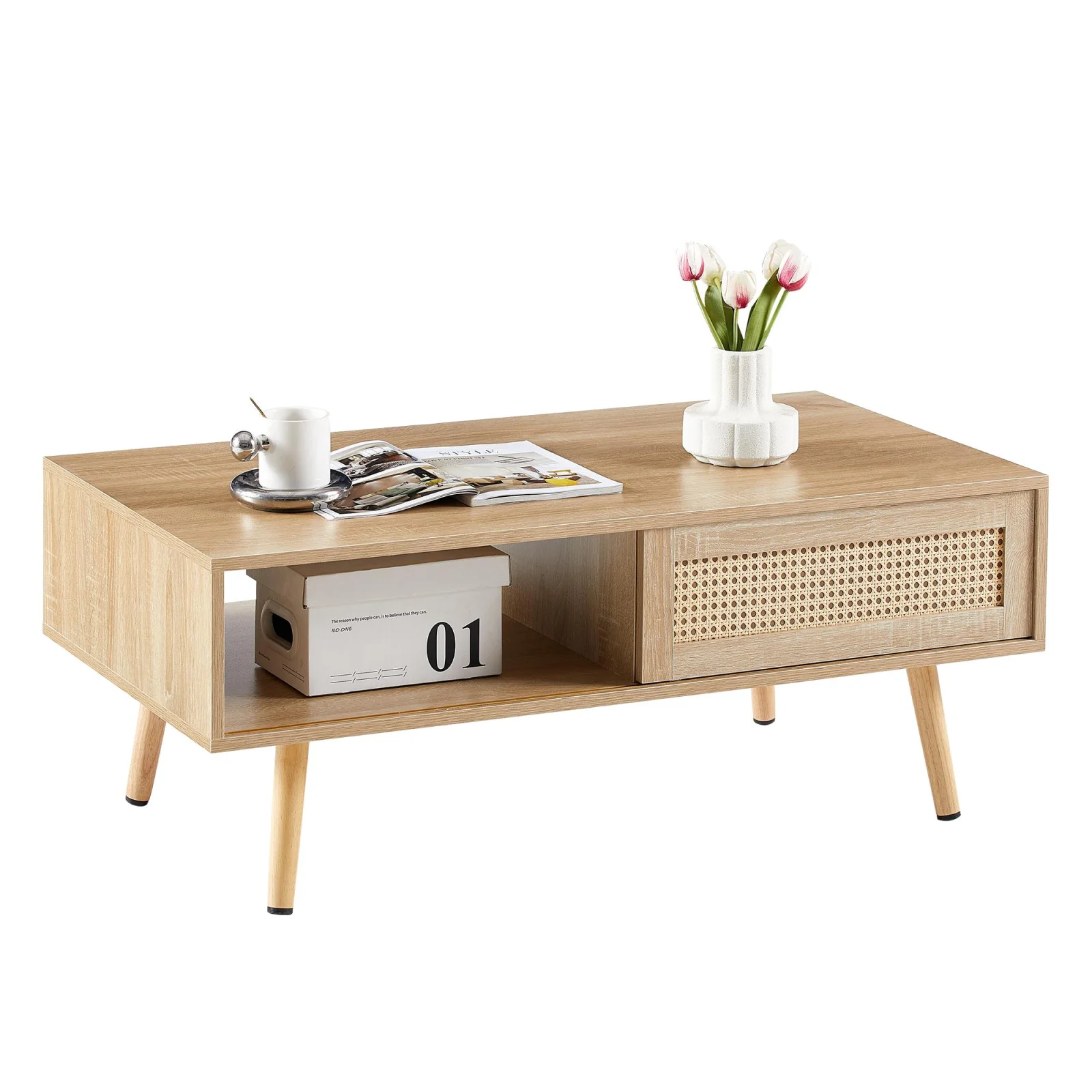 41.34 Inch Rattan Coffee Table, Sliding Door for Storage, Solid Wood Legs, Modern Living Room Table, Natural
