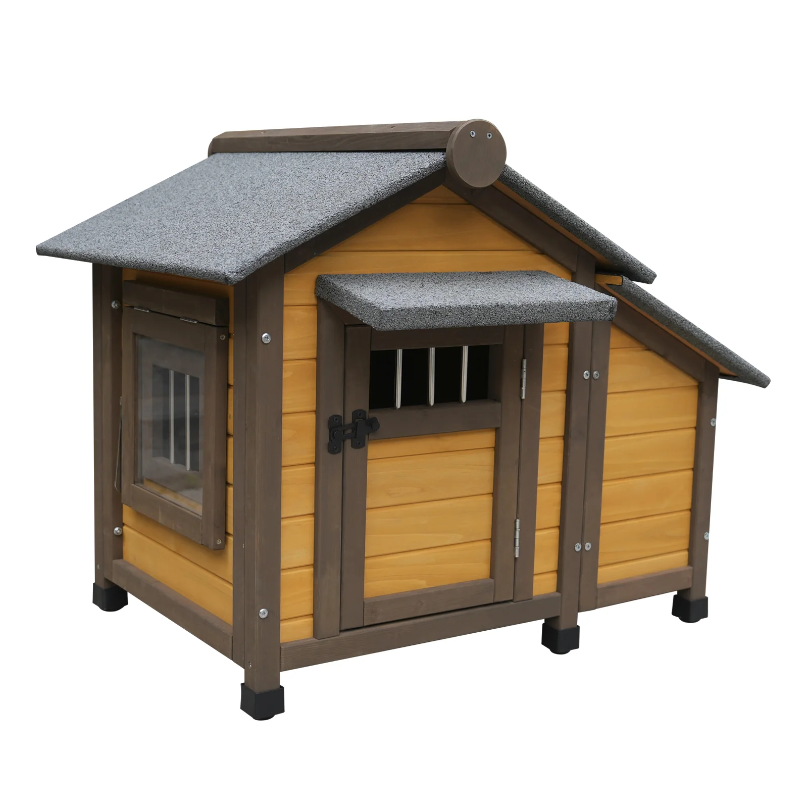 45 Inch Solid Wood Dog House, Cozy Outdoor Shelter for Medium & Small Dogs with Lockable Ventilated Door, Waterproof Insulated Felt Roof & Charming Design