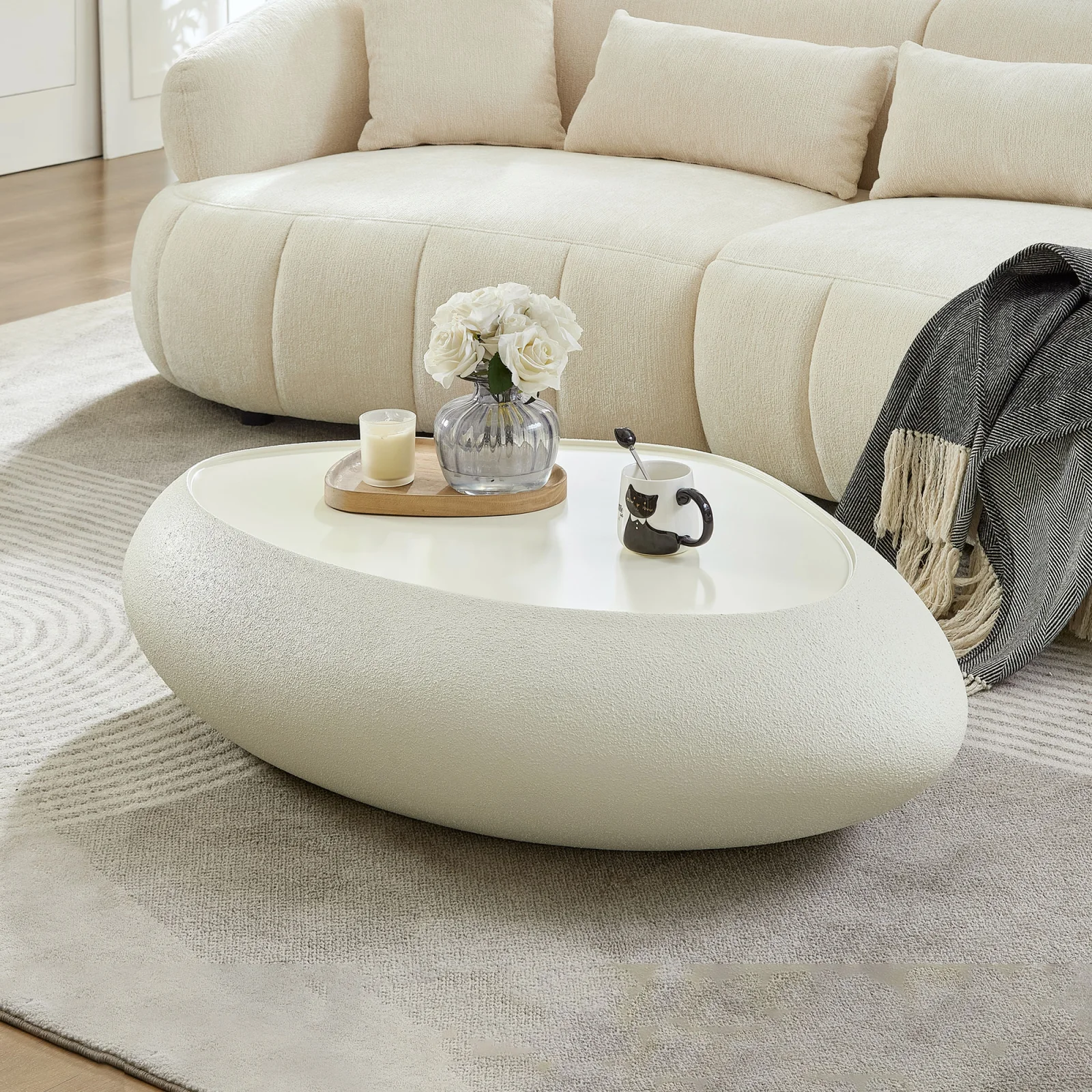 47.24''fiberglass Oval Coffee Table for Living Room Elliptical Table,faux Matte Rocks Table Front of the Sofa, Irregular Center Table,no Need Assembly,white