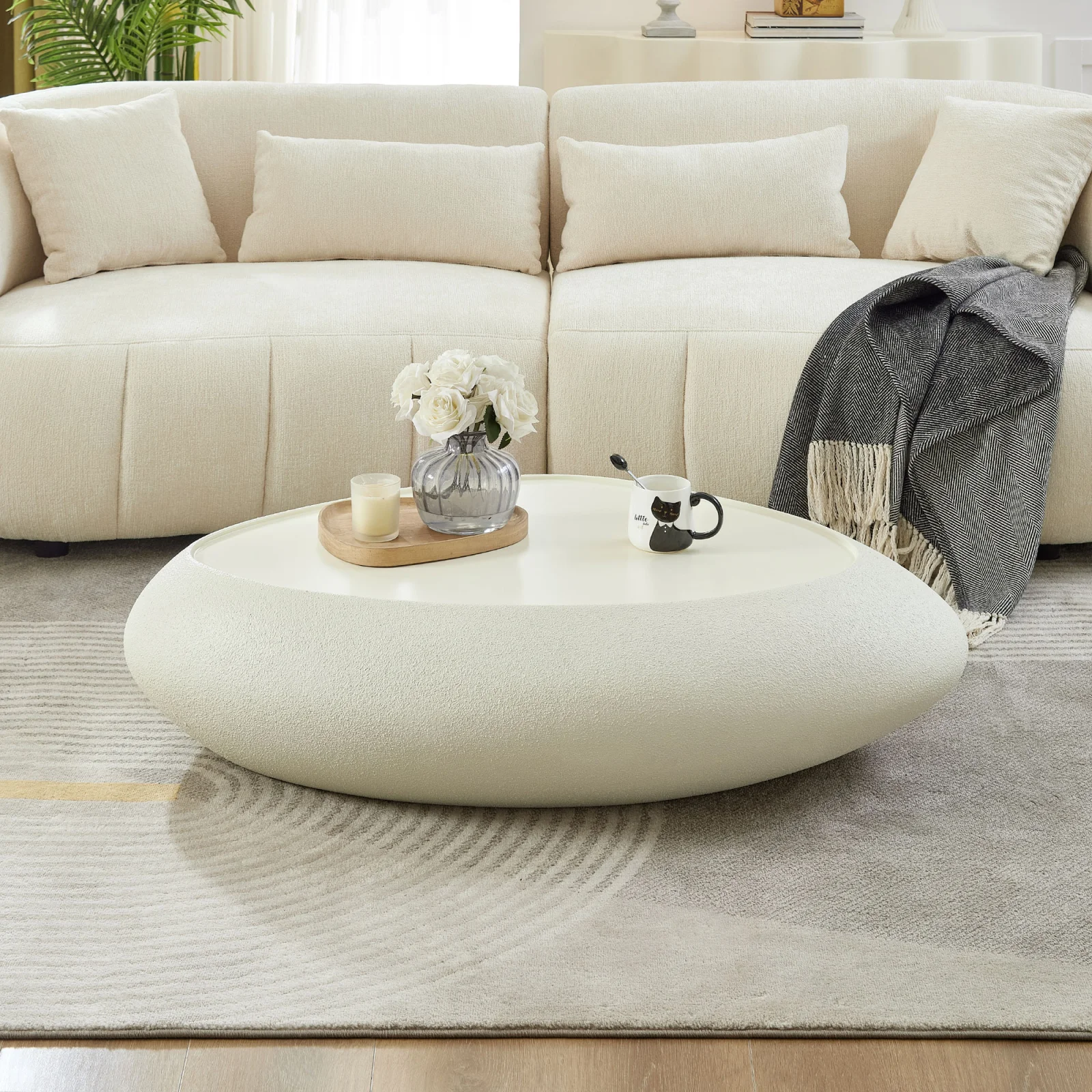47.24''fiberglass Oval Coffee Table for Living Room Elliptical Table,faux Matte Rocks Table Front of the Sofa, Irregular Center Table,no Need Assembly,white
