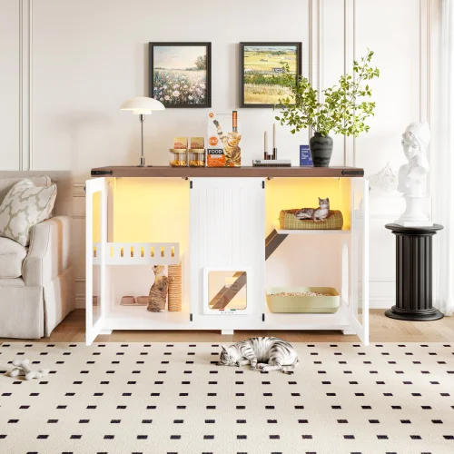 47.25 Large Cat Litter Box Enclosure with Led Light, Hidden Litter Box Furniture, Cat House with Stairs and Cat Scratching Post, Cat Cabinet Side Table with Smart Doors for Living Room, White