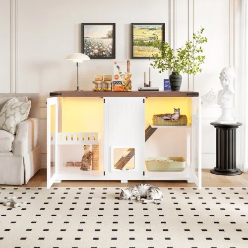 47.25 Large Cat Litter Box Enclosure with Led Light, Hidden Litter Box Furniture, Cat House with Stairs and Cat Scratching Post, Cat Cabinet Side Table with Smart Doors for Living Room, White
