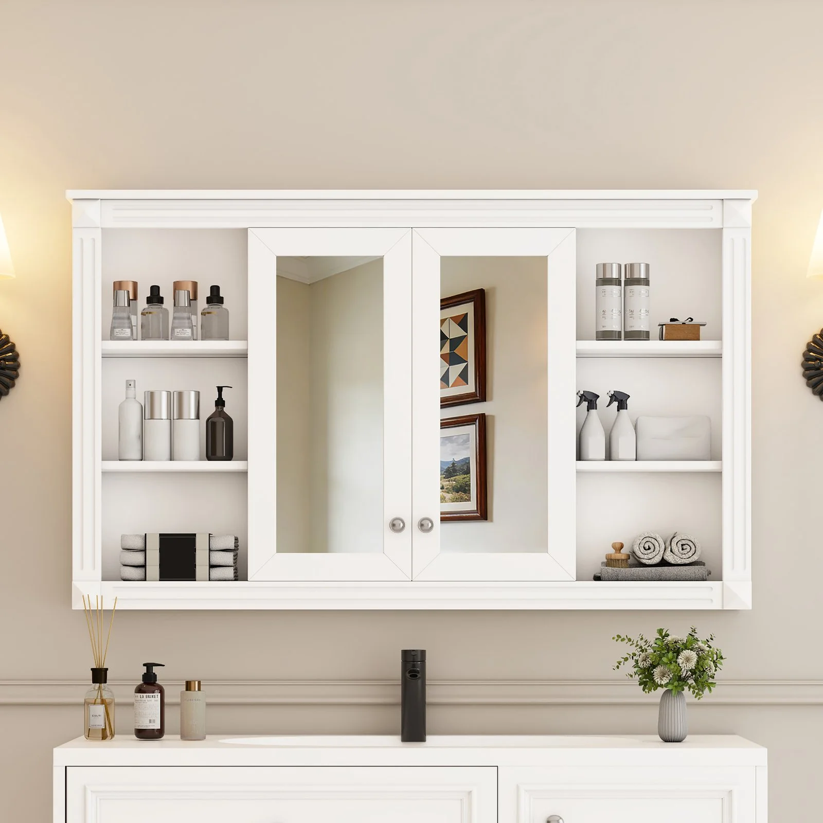 47 Inch Bathroom Mirror Cabinet with Storage, Adjustable Shelf and Open Shelves, Wall Mounted Medicine Cabinet for Bathroom, Bedroom, Vanity