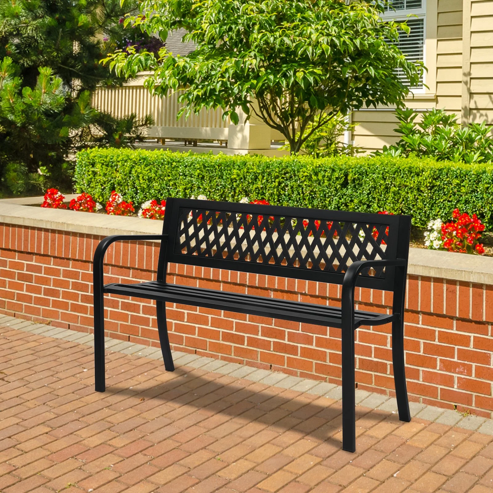 47 Inch Pvc Mesh Backrest Black Iron Bench