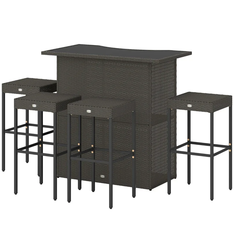 5 Piece Rattan Wicker Bar Set, High Top Outdoor Table and Chairs, Bar Height Patio Set, 2 Shelves & 4 Bar Stools, Brownmultiple Packages